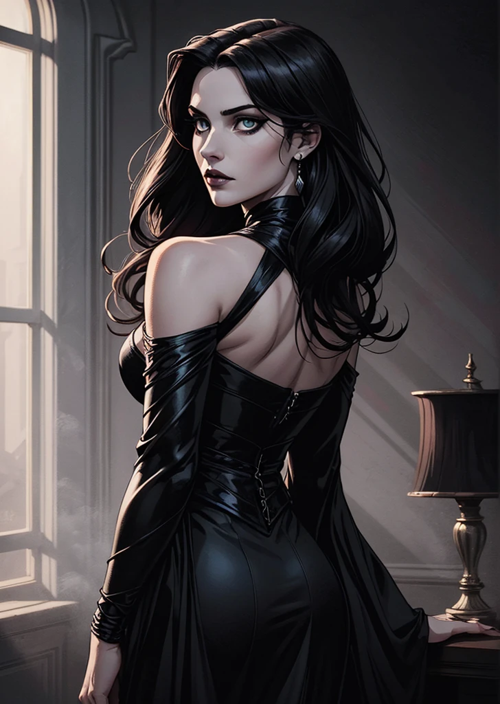 (extremely detailed 8k wallpaper), dark theme, Vampire the Masquerade, modern horror, 2020s, beautiful adult woman, shiny thin dress, expensive jewelry, sharp focus, (subsurface scattering:1.1), award-winning photography, centered face, face of top model Adriana Lima, vampire fangs on display, half fetish, ((a Toreador vampire)), half-body photo:1.1, long black hair stuck, supernatural gray eyes:1.2, gorgeous smile, posing n at a gala, dramatic lighting