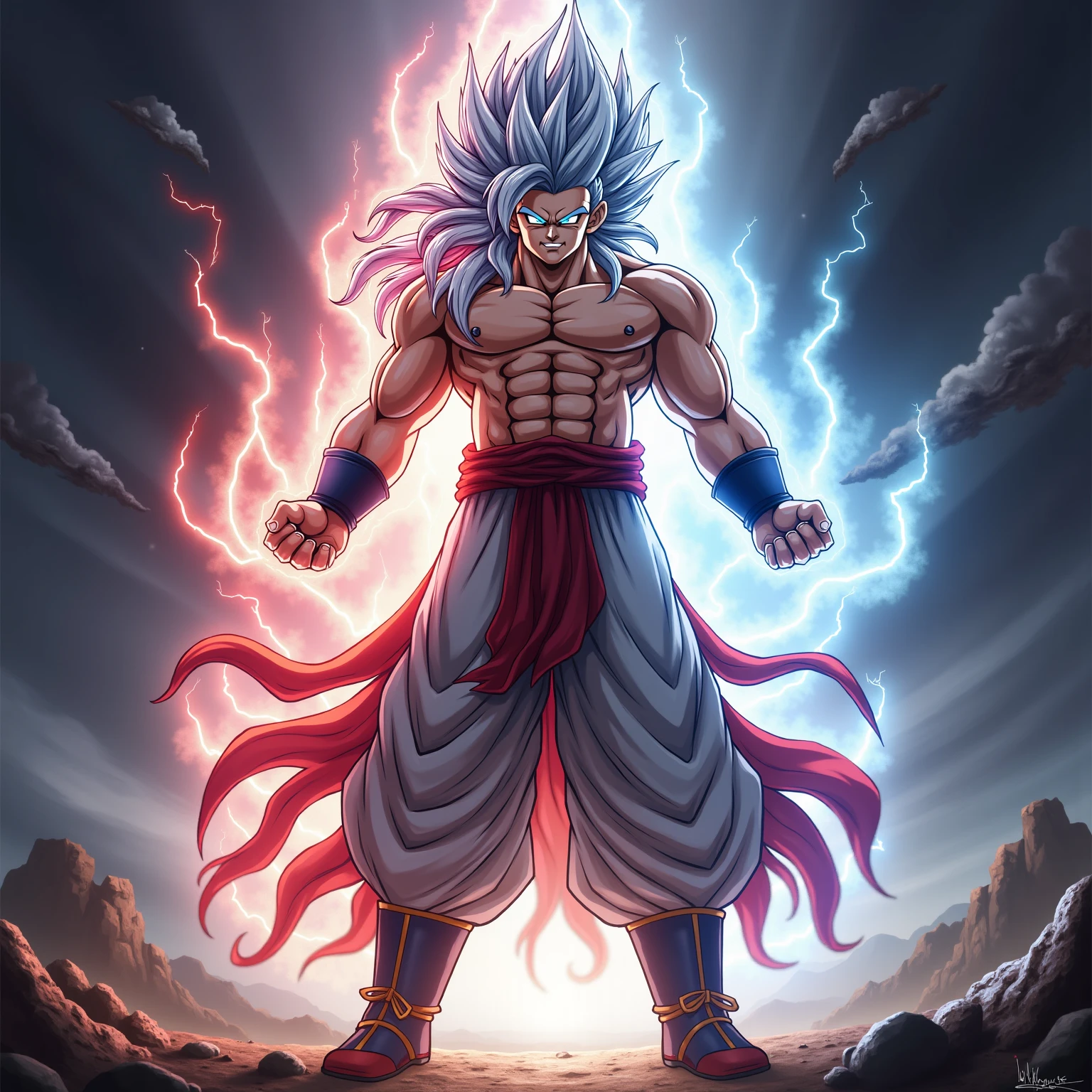 Masterpiece quality illustration of Goku, the iconic character from the USA, showcasing his powerful stance and vibrant energy. The artistic photograph captures the real light and shadow, enhancing the dynamic nature of Goku's movements. Set against the backdrop of an autumnal night sky, Goku stands confidently in a spacious bedroom adorned with silk bedsheets. Clad in his signature red nightdress, his long light blue hair flows elegantly, complementing his intense red eyes. As Goku prepares for battle, the scene is filled with anticipation and excitement. The air is charged with energy, illustrated by the white mist exhaled from his steaming body. Every detail, from the trembling muscles to the red petal-like effects emanating from his aura, is meticulously depicted, making