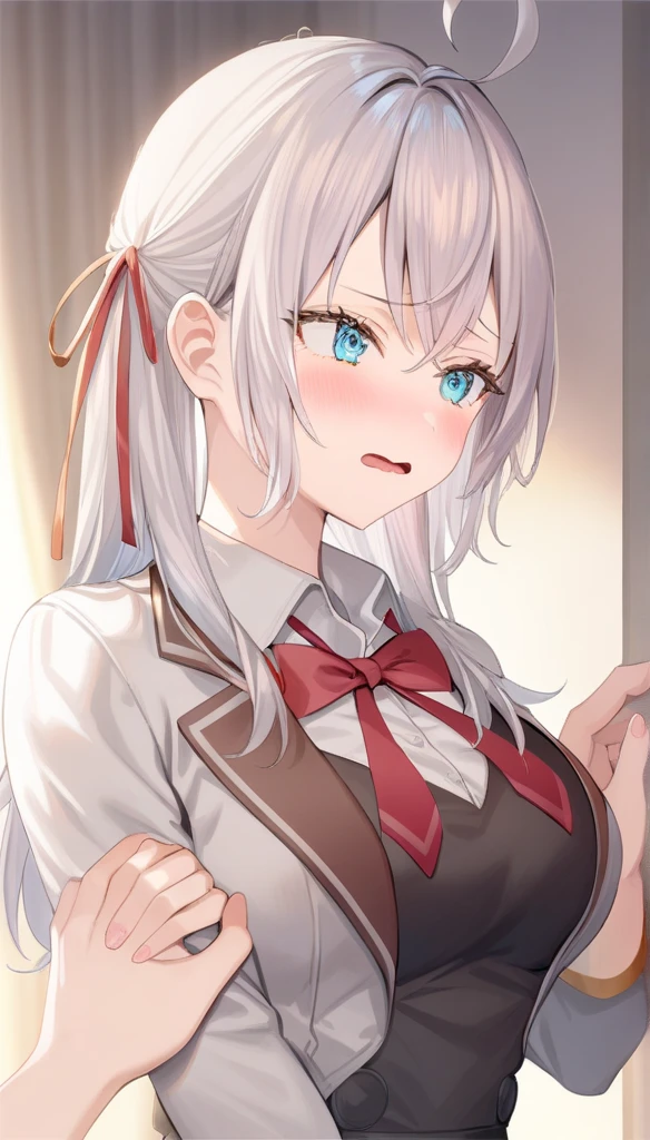 alisamikhailovna, alisamikhailovna kujou, long hair, bangs, blue eyes, ahoge, gray hair, red ribbon, school uniform, smile, ahegao, collar, open mouth, recording, gangbang, double penetration, bukkake, creampie, at classroom