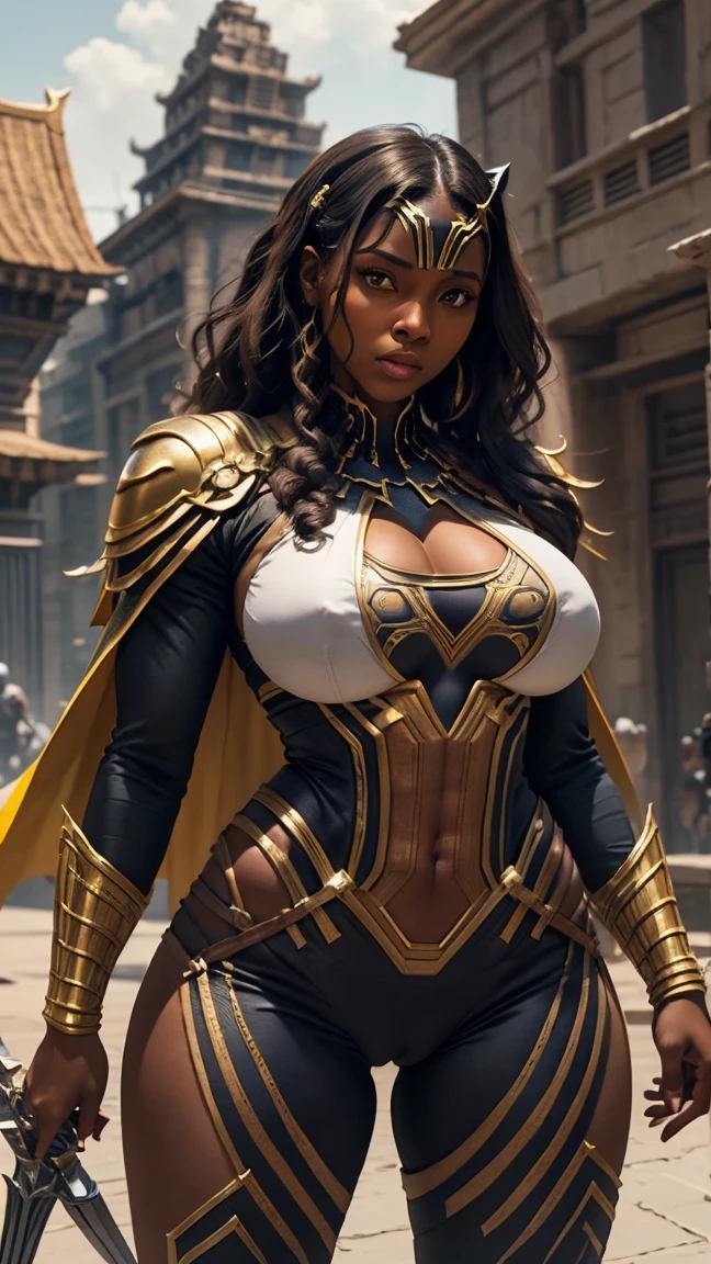 (melhor qualidade,4k,8k,alta resolução,masutepiece:1.2), (menina negra, Ebony Ball, BBW, 30 anos), cintura fina, (bunda enorme: 1,9), (droopy breasts), (Sagging Tits: 1,9), (seios grandes: 1,9), lying in a completely destroyed ruin, (gold leather superhero costume), (botas douradas), corpo inteiro, sexy, sensual, hot, They are tired, decotes, bunda enormes, damp hair. ((mesmo personagem, headpe, lado, Costas)), (perfect hands)