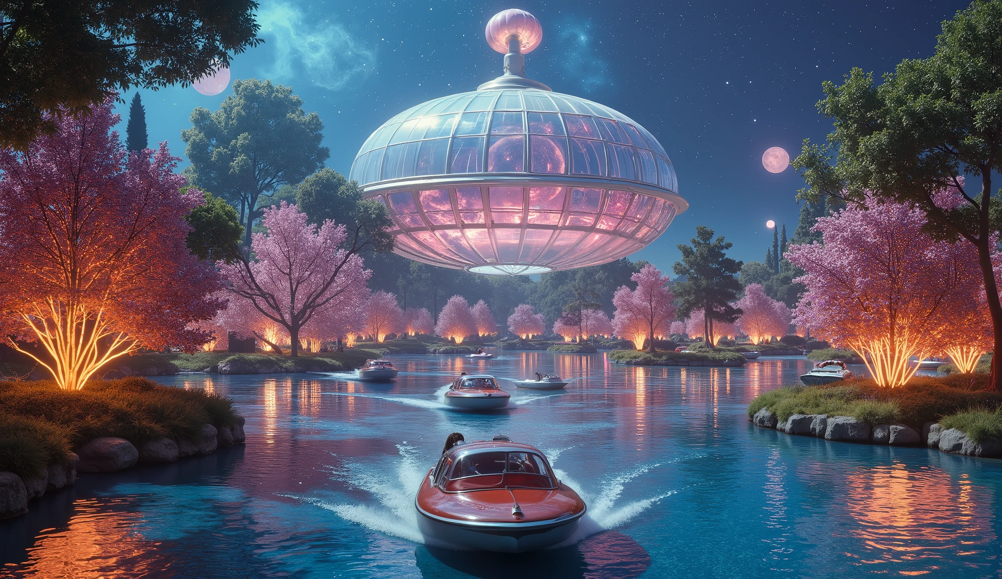Space But Rivers There are many boats that are going down the river in the night - SeaArt AI