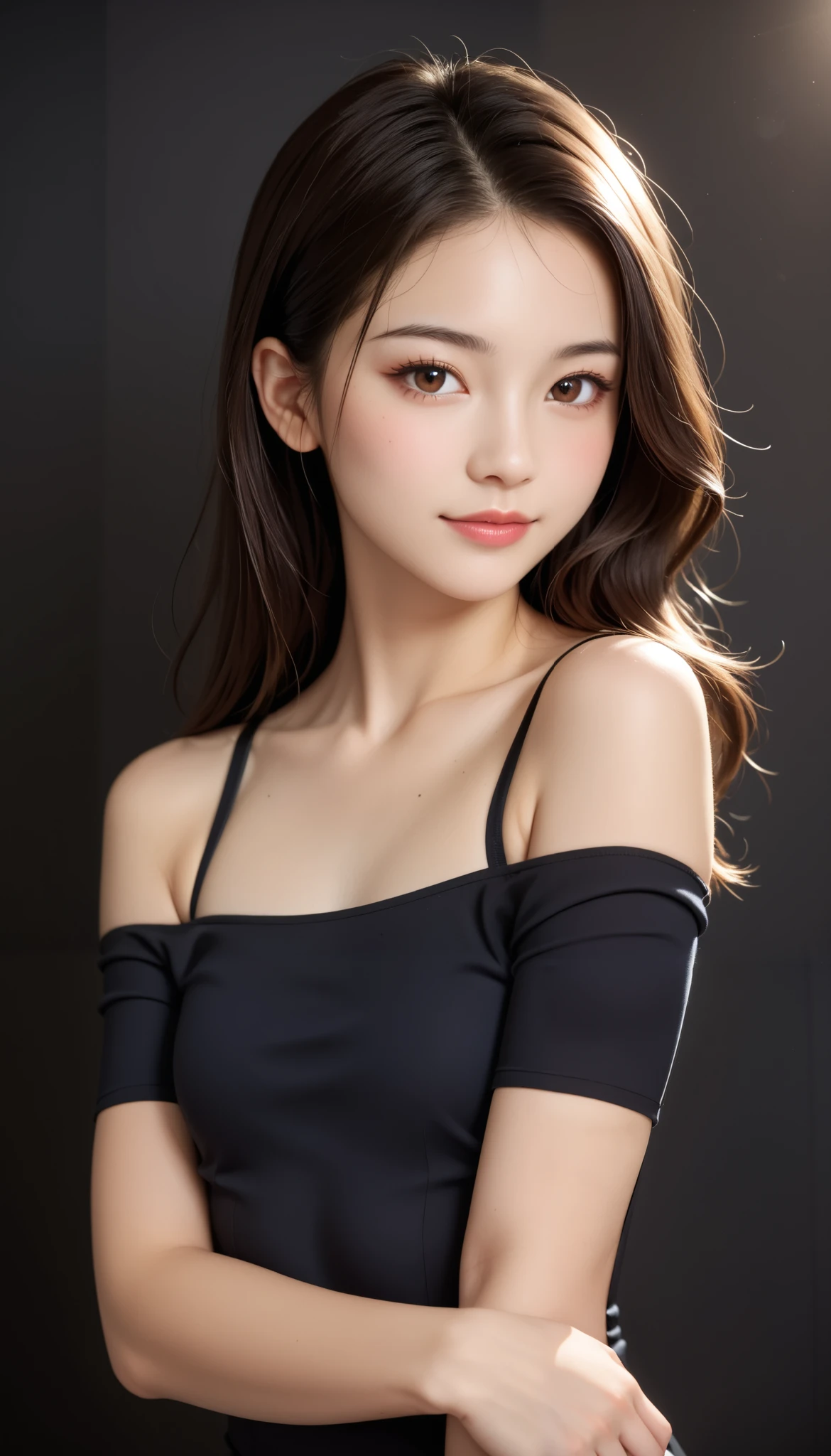 Japanese woman, cute girl, pretty girl, A Skin-tight black top:1.2, Viewer, Cinema Lighting, perfection, Soft light, High ReSolution SkinS:1.2, RealiStic Skin texture, Xiaoyan、 without makeup、, Off the Shoulder,BuSt B cup、Small chest, brown eyes, dark brown hair、Bold PoSe、geometric background