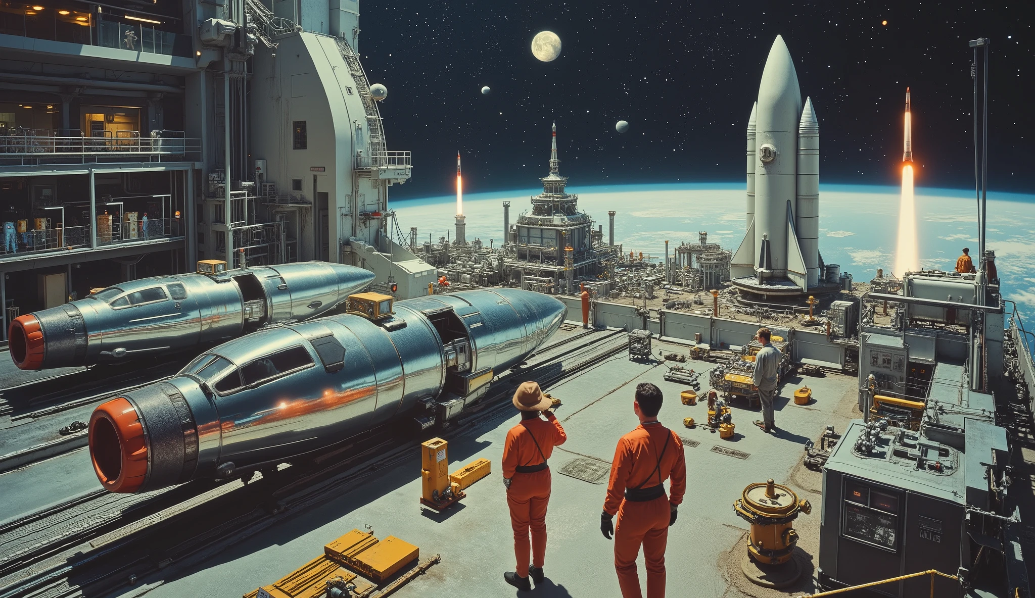 A massive, gleaming factory in space, where chrome rockets are meticulously assembled on vintage conveyor belts. The factory's workers, clad in futuristic jumpsuits, oversee the production of sleek spaceships while neon lights flicker across the factory floor. Outside, a huge observation deck offers a view of completed rockets lifting off into the stars.