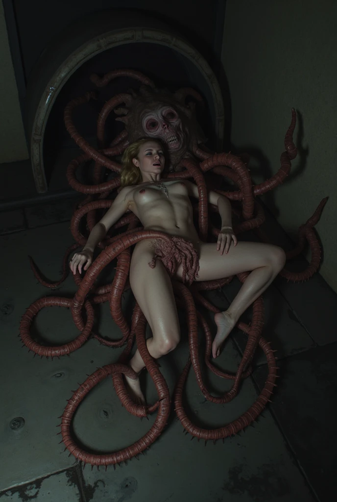 Conjoined naked scylla olivier with two heads, three huge fake tits and tentacles eight legs