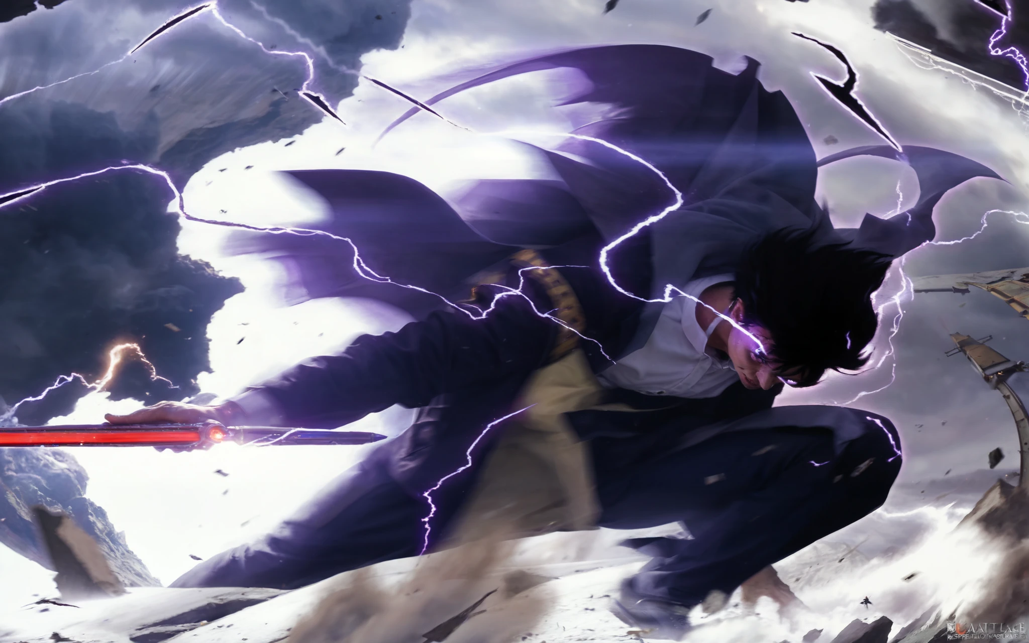 Hyper-realistic action shot of Sung Jin-Woo from Solo Leveling, mid-battle, lunging forward with immense speed. His dark, wind-blown hair and intense gaze radiate determination. A shadowy, purple aura engulfs him, crackling with energy as his black coat flows dynamically. The background is filled with motion blur, dust, and debris, emphasizing the force of his attack. His enemy's red glowing weapon clashes with his shadows, creating an electrifying contrast. Cinematic lighting, dramatic shadows, ultra-detailed textures, high-speed motion effects. Shot with a Sony A9, 50mm f/1.2, using fast shutter speed for crisp motion. 8K ultra-HD, HDR, volumetric lighting, cinematic composition. --ar 16:9 --v 6 --style raw --q 2 --stylize 850, asian, korean, man, 1boy