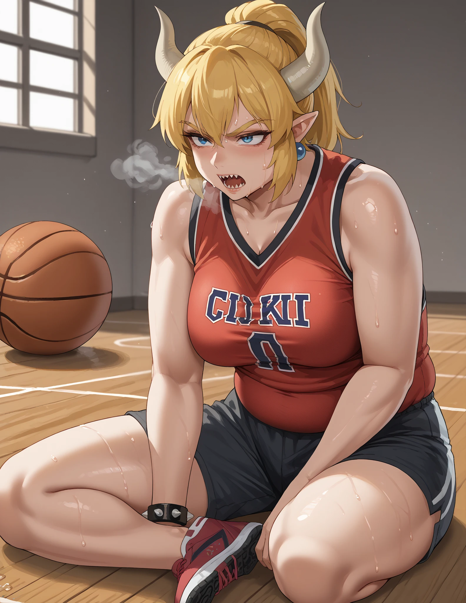 anime girl in shirt sitting on bench, sweaty abs, High Resolution Commission, OC Commission, Cudesexyrobutts, Rough Pose, 2b, 2 b, muscular girl, strong pose, From Overwatch, lean but muscular, Lola Bunny Fanart, Chun Li in gym, weak beta male, Abs, Slim and muscular, mouth ajar, nose, Fit Girl, Bea Pokemon, ((Marked abs)), (Bruises on abdomen: 2), Bruises, (((blood))), ((sweat)), steam, (Blood on abs:2), blue eyes, Black thong with orange lines, muscular thighs, Bruised abs,