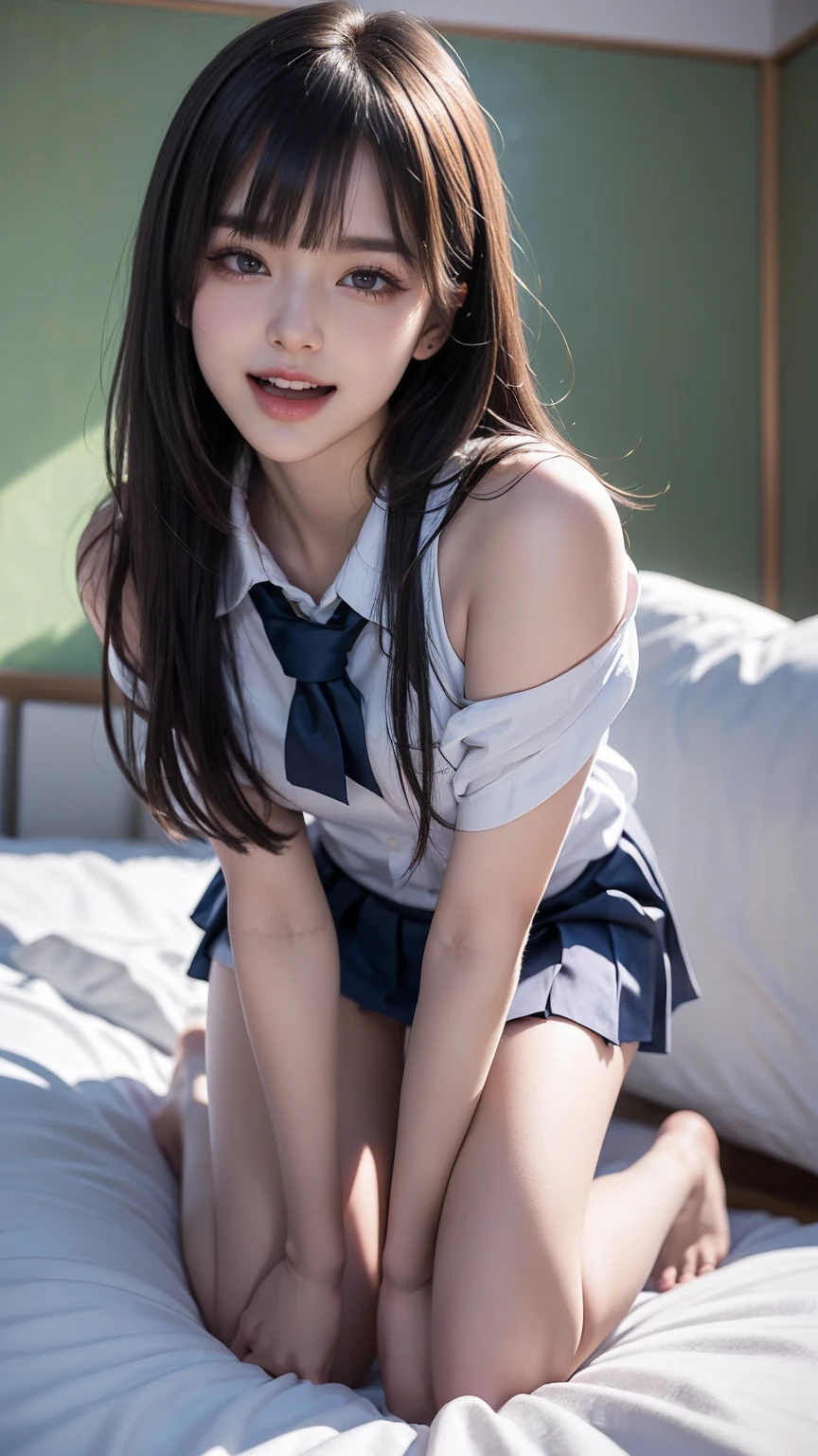 nsfw,Best Quality, Masterpiece, 1 Girl, Beautiful Face, (Photorealistic Photo:1.3), Rim Lighting, (High Detail Skin:1.2), 8K UHD, DSLR, High Quality, High Resolution, 4K, 8K, Bokeh , Absurdity, ( Real:1.3), A cute girl, (school uniform:1.3),long hair ,(blonde:1.2),small breasts, full body,slender body,lying on bed,spread legs,(up arms:1.2),smile