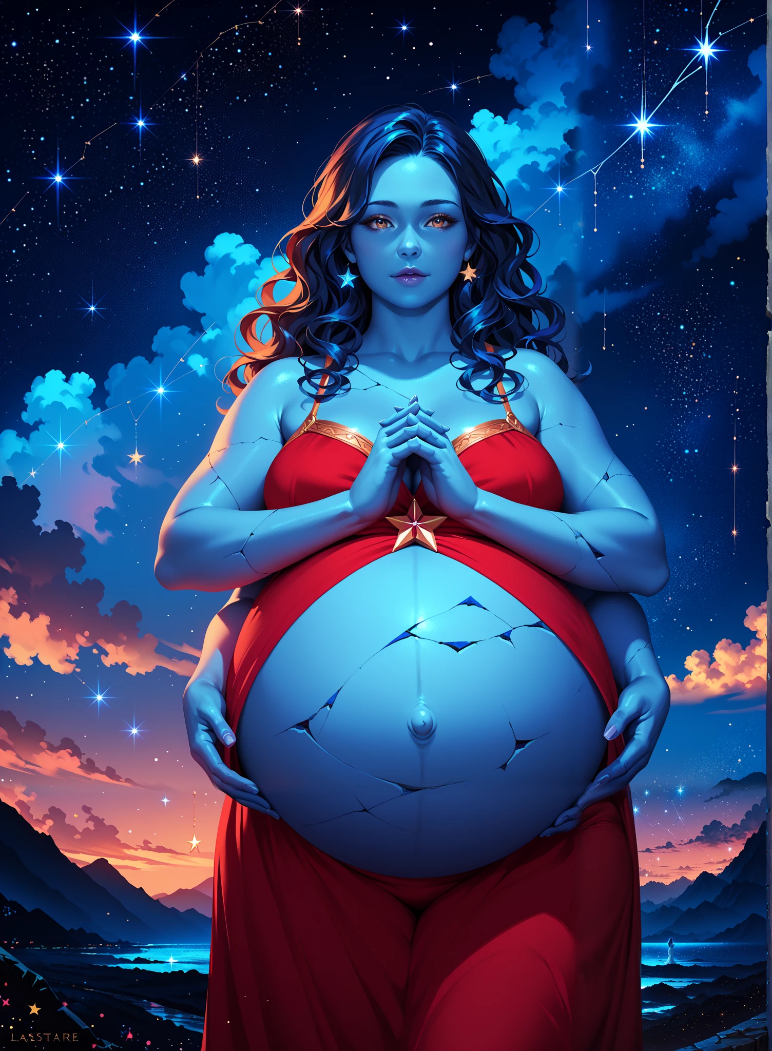 Highly detailed, High Quality, Masterpiece, beautiful, Ranni, 1girl, solo, wavy hair, blue skin, cowboy shot, cracked skin, extra arms, own hands together, starry, strry light, night, colorful, cloud, star \(sky\), big belly, fat, chubby, pregnant