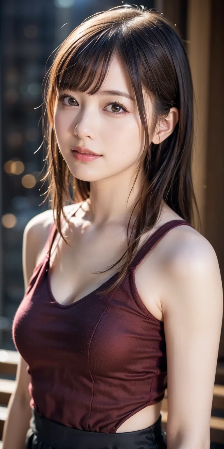Close-up, (Photorealistic: 1.4), Highest quality, Real, Masterpiece, Ultra delicate beauty, CG, Ultra definition, High resolution, Ultra definition, Depth of field, 1 girl, tifa_lockhart, Beautiful girl detail, Upper body, Real, suspender_skirt, tank_top, taut_shirt, black_hair, long_hair, beautiful detailed red eyes, light on face, saika1