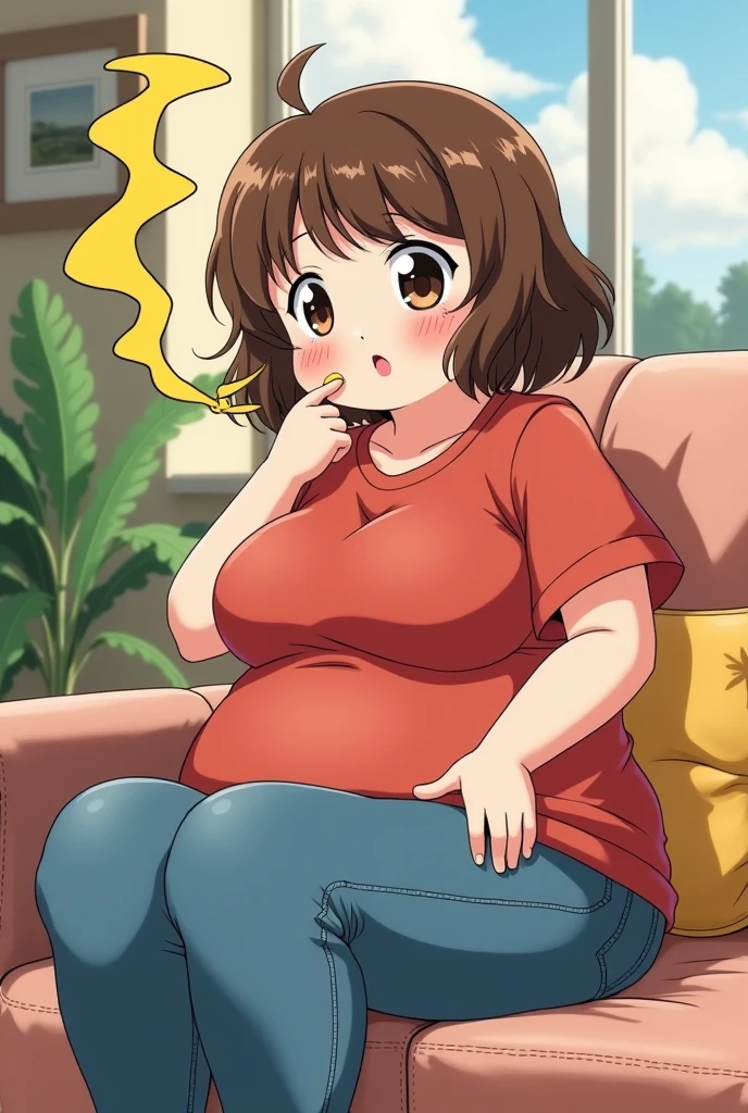 (masterpiece, best quality:1.2), 1girl, solo, looking at viewer, breasts, sadayokawakamisweater, skirt, shirt, striped, yellow striped shirt, wide thigs, chubby, big breasts, inside, sitting on sofa, sexy, feedee, fat belly, happy face, eating