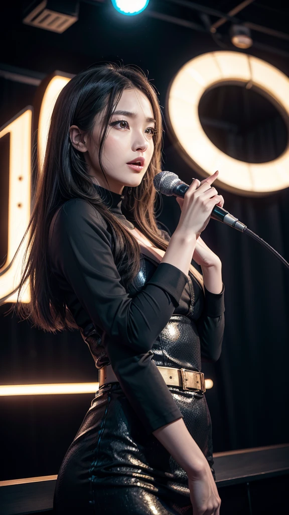 (masterpiece, Highest quality)、live house、Cute girl vocalist、Dark Eyes、Gorgeous lighting、Tight mini skirt、Black Hair、Japanese women、Stand microphone、