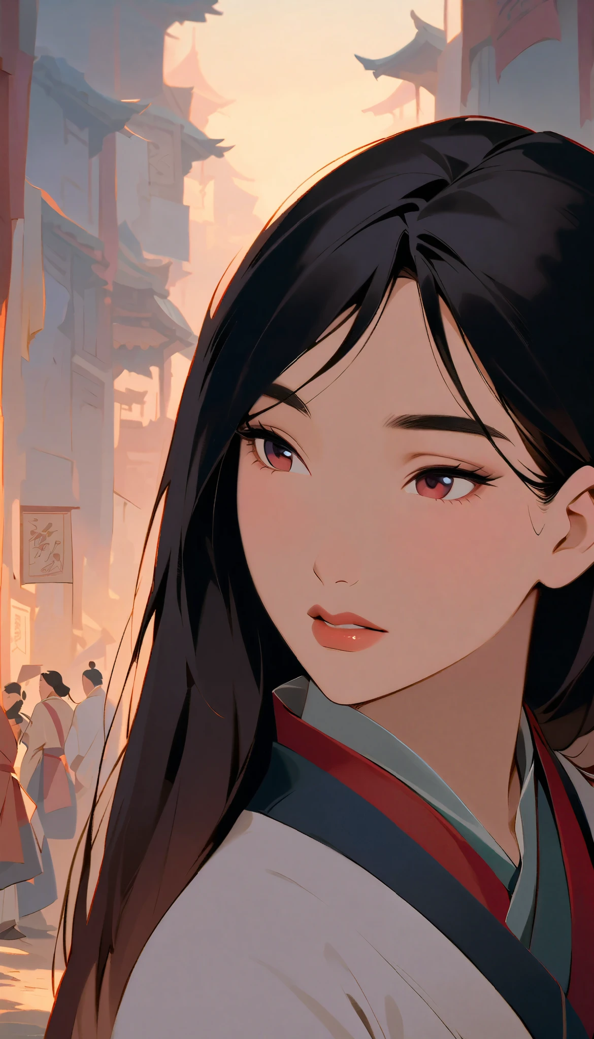 Hua Mulan,Show female bravery,shy,like a porcelain doll, fine features, delicate,Black and red color scheme,poster,iconic disney characters。shonen style, anime style, straight hair, big hair, ((long hair)) ,JAPANESE young woman warrior, black hair, traditional japanese dress, wind blow, leaves flying, backlit, tall gray reed grass foreground blurry, bottom perspective, panoramic view, fantastic lighting, detailed,, blossom, ((looking down))