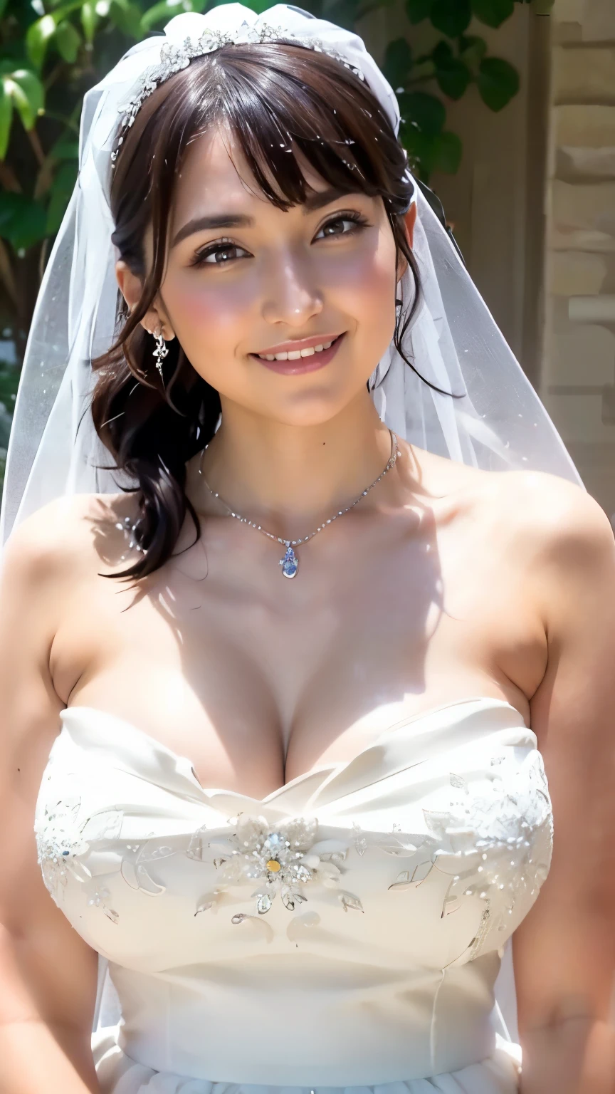 Light_brown_hair,Bangs, long ponytail_hair, Close-up of beautiful bride wearing beautiful wedding dress, (bridal veil:1.5), Transparent short veil:1.5), Blushing face, cute smile, (tube top wedding dres:1.5), (Silk dress:1.2), (Strapless wedding dress:1.5), pure white dress, necklace, earrings, lace gloves:1.3, whole body, gigantic breasts:1.3, curvy body, mammasize, muscular,