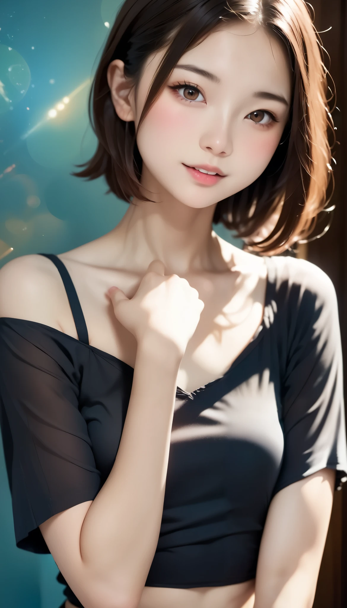 Japanese woman, cute girl, pretty girl, A Skin-tight black top:1.2, Viewer, Cinema Lighting, perfection, Soft light, High ReSolution SkinS:1.2, RealiStic Skin texture, Xiaoyan、 without makeup、, Off the Shoulder,BuSt B cup、Small chest, brown eyes, dark brown hair、Bold PoSe、geometric background