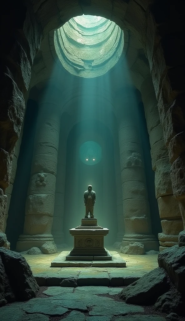 An ancient temple hidden underground, with cyclopean statues of forgotten gods and a central altar holding a shiny object of unknown origin. In the darkness, humanoid shadows with glowing eyes seem to observe from the dark, as if waiting for the arrival of someone."