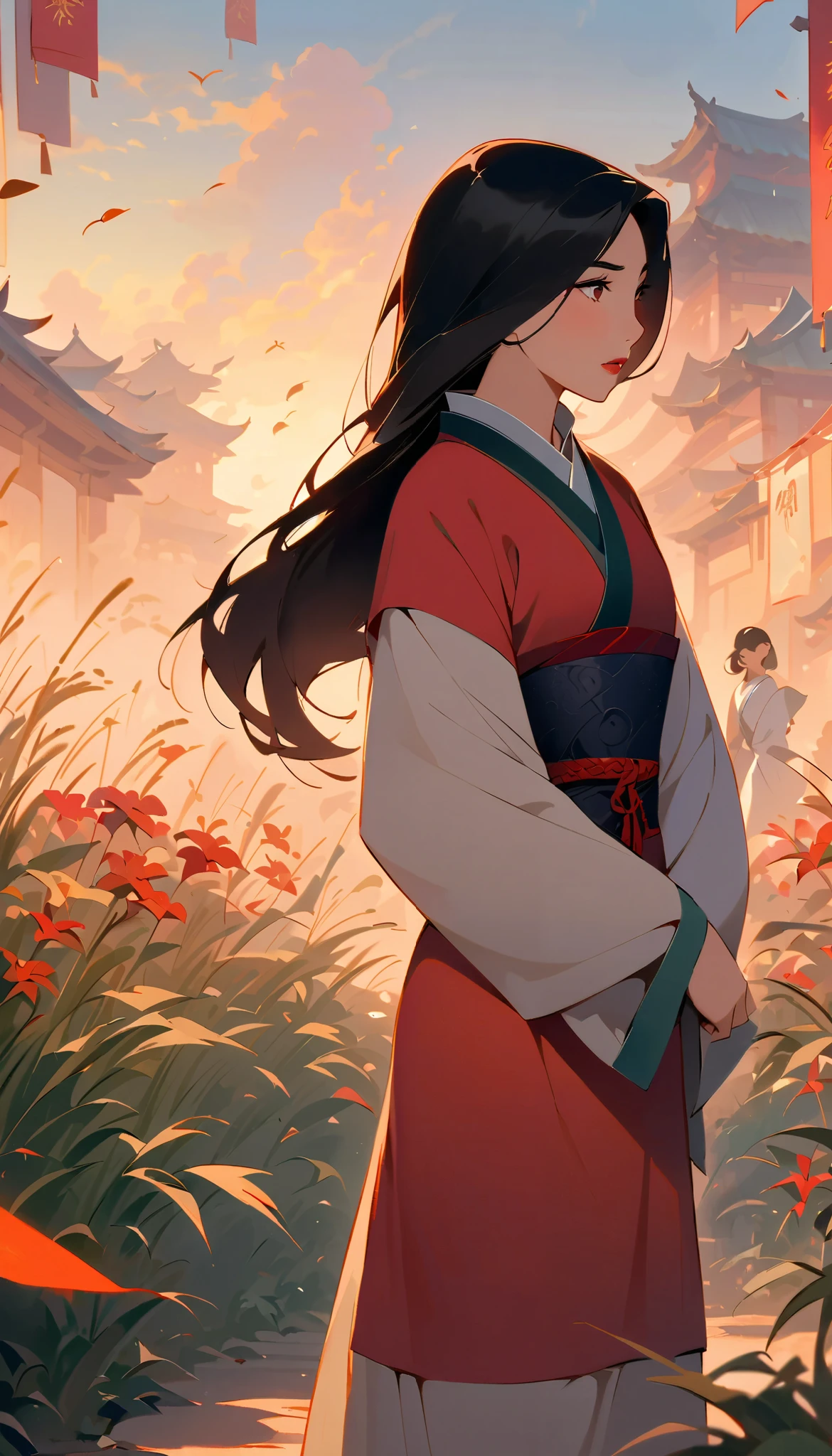 Hua Mulan,Show female bravery,shy,like a porcelain doll, fine features, delicate,Black and red color scheme,poster,iconic disney characters。shonen style, anime style, straight hair, big hair, ((long hair)) ,chinese young woman warrior, black hair, traditional japanese dress, wind blow, leaves flying, backlit, tall gray reed grass foreground blurry, bottom perspective, panoramic view, fantastic lighting, detailed,, blossom