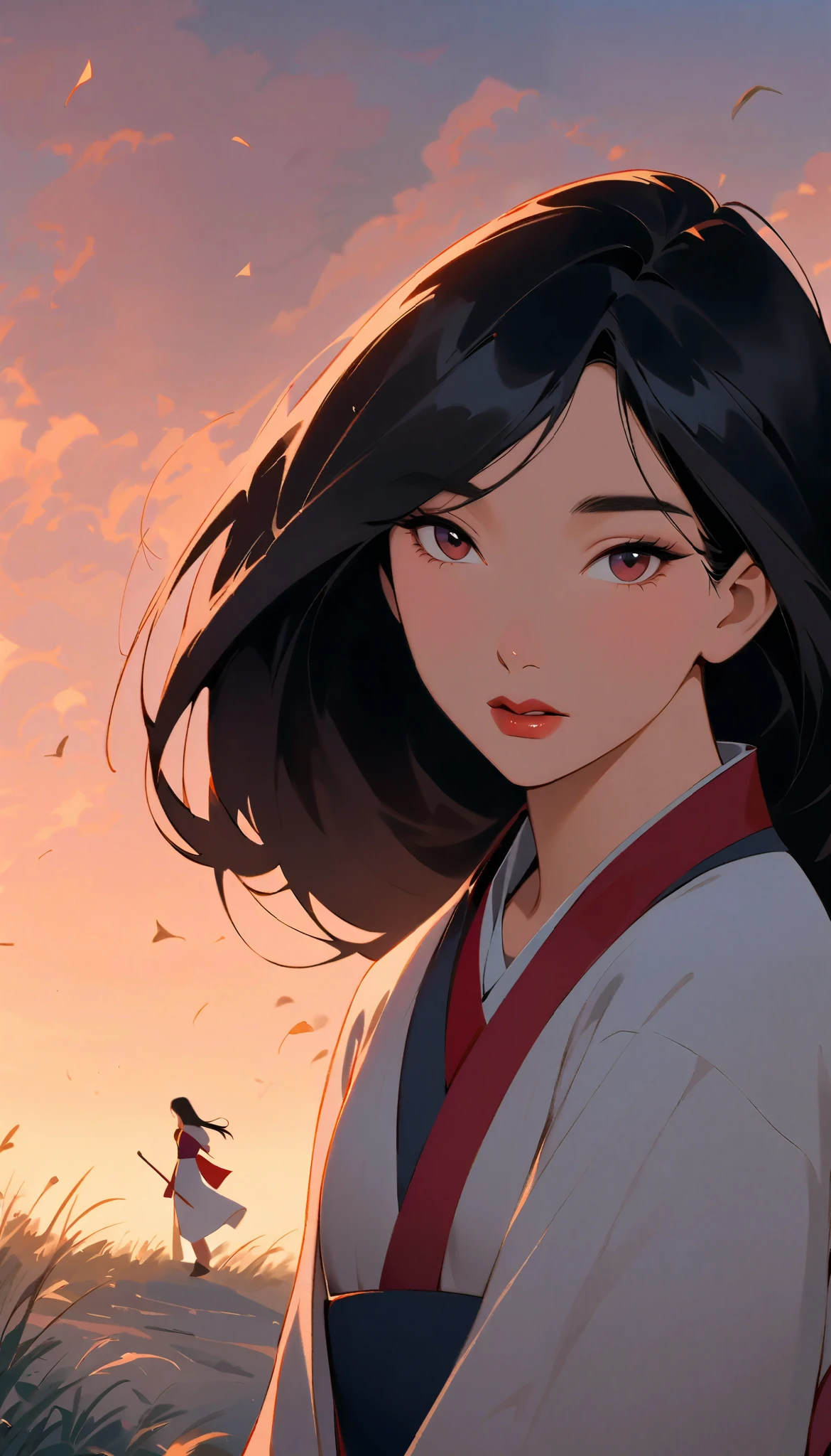 Hua Mulan,Show female bravery,shy,like a porcelain doll, fine features, delicate,Black and red color scheme,poster,iconic disney characters。shonen style, anime style, straight hair, big hair, ((long hair)) ,chinese young woman warrior, black hair, traditional japanese dress, wind blow, leaves flying, backlit, tall gray winter grass foreground blurry, bottom perspective, panoramic view, fantastic lighting, detailed,, WINTER