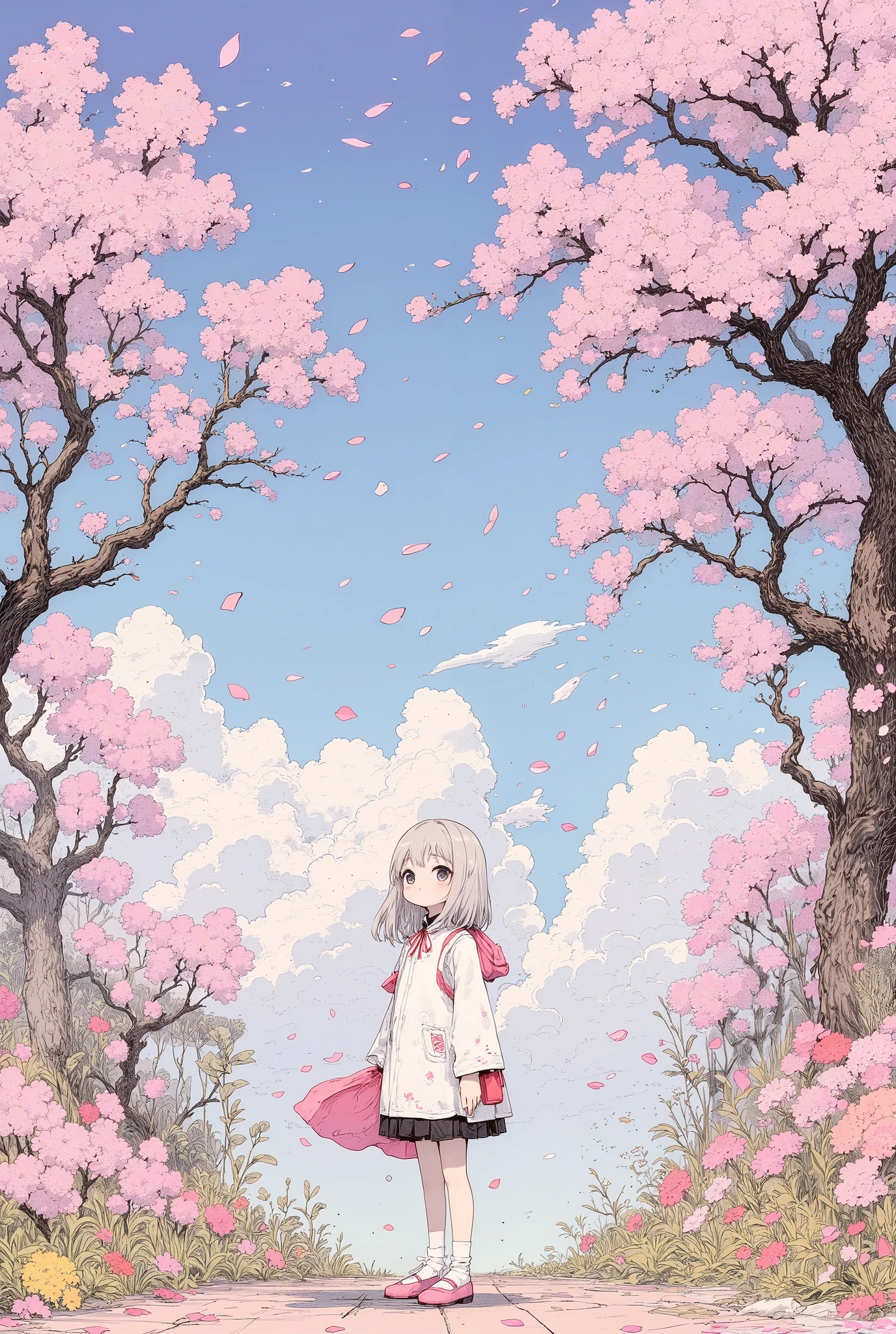 ((She's looking up at the cherry blossoms)), ((face closeup : 1.8)), ((Pupil details)), 1 girl, soft silver medium length hair, beautiful detailed, beautiful hair, high school girl, school uniform, blazer, Cherry Blossom Tree-Lined Path, spring, cherry blossom tree, blue sky, (petals:1.3), wind, (((looking up))), high quality, High Definition model, high detail, High contrast, (((The textures are soft))), ((matte and toy-like with a handmade premium look)), (((Tim Burton style))), anime style, simple lines, (intricate details : 1.1),
