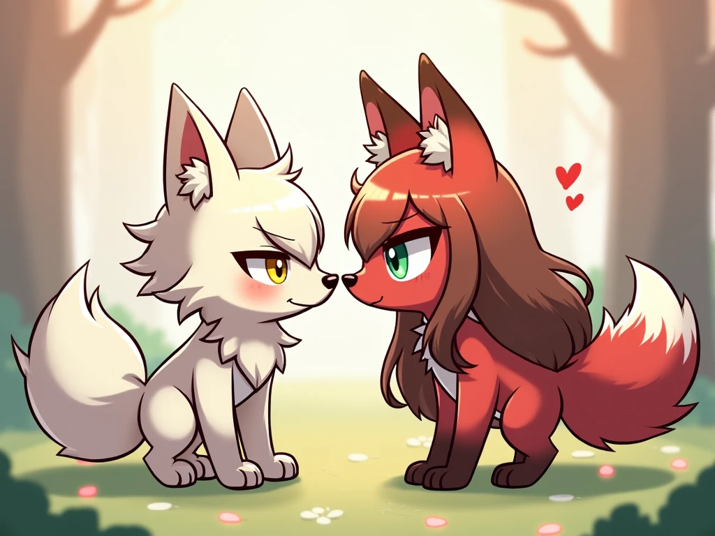 Red and pink Kemono fox male cute and a cute white fennec Kemono fox with yellow eyes black bow and necklace female in love cuddling and cute Kemono grey wolf in background upset and jealous furry nsfw