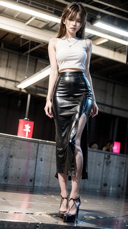 fashion brand collection, highly detailed, beautiful, masterpiece, best quality, Geometric style, abstract beauty,1 girl, (all body shot, standing and posing:1.3), BREAK latex, Glossy, Liquid, rubber, BREAK (turtleneck:1.2), (black theme:1.2), (black maximum A-line skirt:1.2), (patchwork of fish net and leather:1.2), (complex triangular silhouette, triangular hanging cloth skirt, complicated hanging cloth skirt, large cloth that hides the legs, Complex layered skirt:1.4), (white and black:1.8),