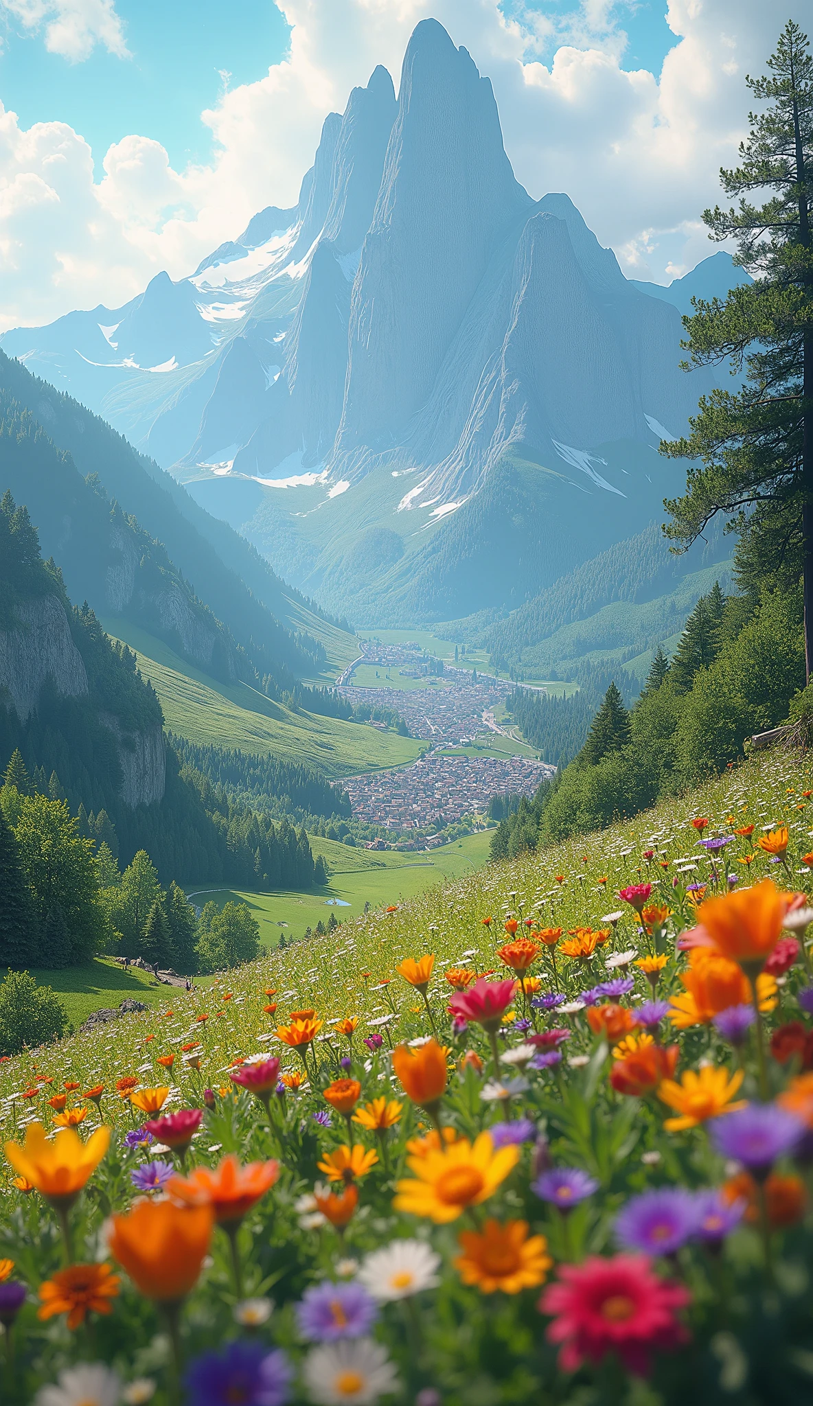 high resolution image standing on a cloth、 Flower fields in the Swiss Highlands 、 Artwork Award 、 A plateau with a fresh breeze 、 Magical creatures and mysterious colorful flowers hidden in the prairie 、 8k( High Quality Seven Colored Flowers ) A plateau full of fantasy、 A refreshing plateau landscape image。Beneath the plateau you can admire the cityscape。