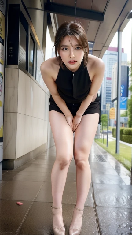 (masterpiece, 16k,8k,4K ,Very detailed:1.1),(Beautiful Face:1.1),(One Girl:1.1),Age 25, (Top model body:1.1), (the body is slim:1.5), Perfect Legs, (Jewelry lifting:1.3),(urination:1.5),(Embarrassing:1.3), Provocative (business dress:1.5), Sexy stiletto heels, High heels, pantyhose, Platinum brunette girl with long curly hair, Peeing on your own, Wet clothes, A face that can't stand pee, Desperately Wet, Pee despair pose, Her body is'I can't hold my pee、In a desperate situation, I wet myself in the middle of the road.., Urinating in desperation, Pee running down her legs, stand up, Hyper pee desperate face, Big pee poodle,Squat