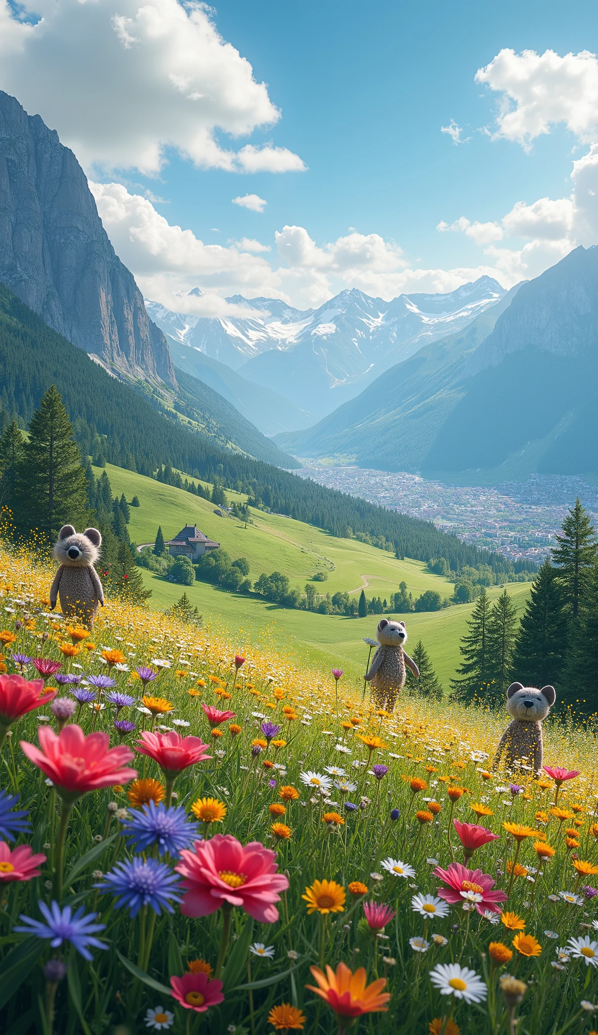 high resolution image standing on a cloth、 Flower fields in the Swiss Highlands 、 Artwork Award 、 A plateau with a fresh breeze 、 Magical creatures and mysterious colorful flowers hidden in the prairie 、 8k( High Quality Seven Colored Flowers ) A plateau full of fantasy、 A refreshing plateau landscape image。Beneath the plateau you can admire the cityscape。