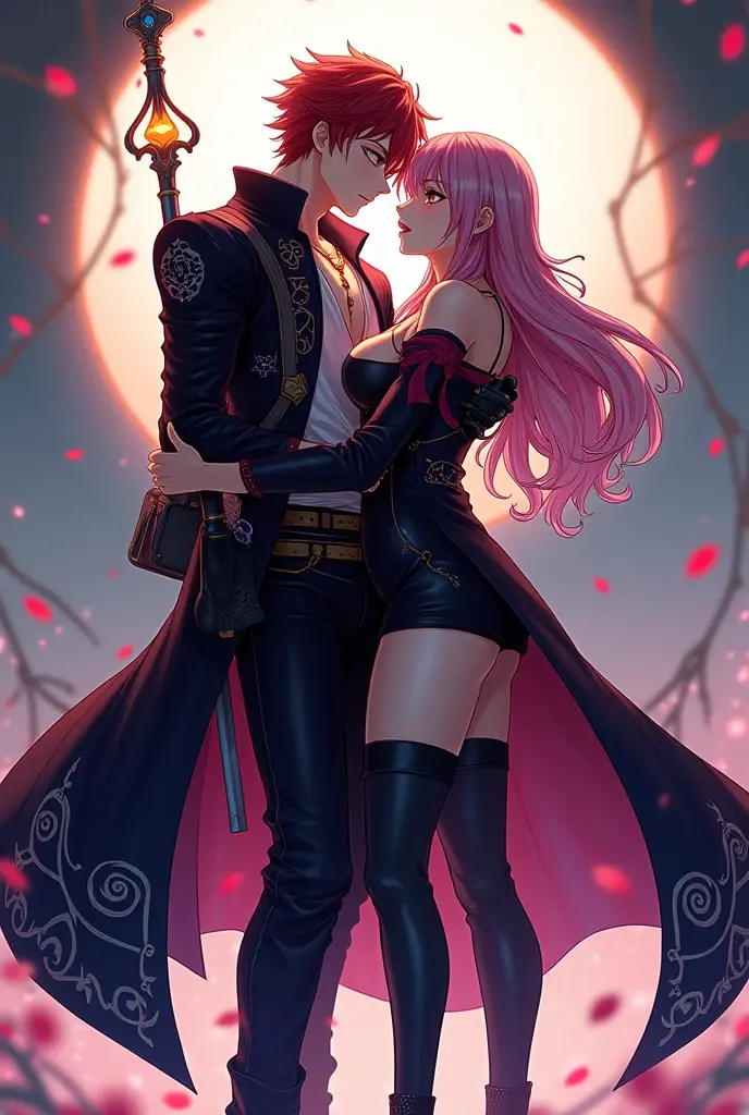 Anime couple in black and pink costumes hugging under a tree,Sakura Haruno and Sasuke Uchiha,best anime 4k Konachang wallpapers,lush sakura,Anime style 4K,from naruto,official fanart,High-quality fanart,Anime style illustration,zerochan art,sakura season,cushart kenz,Detailed fanart,Boy with black hair,Girl with pink hair。 --auto
