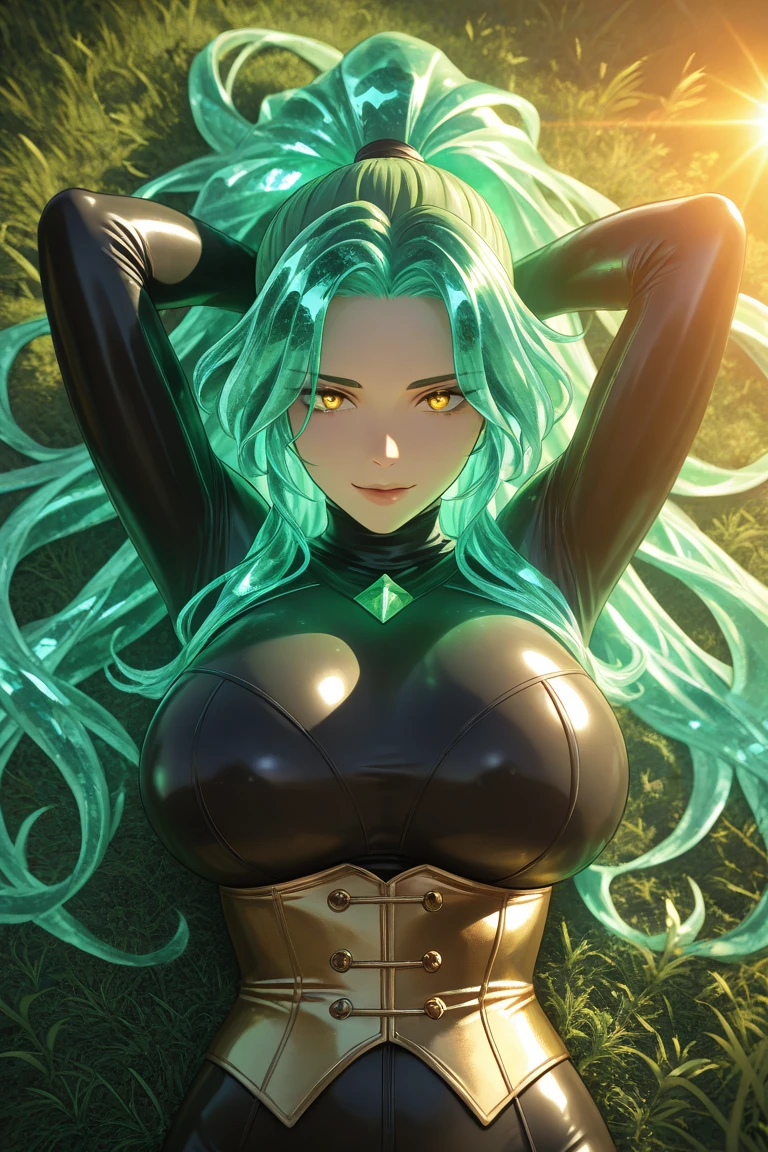 )a thin woman with long green hair, woman has green eyes, black sexy emo outfit) best quality, adorable, ultra-detailed, illustration, complex, detailed, extremely detailed, detailed face, soft light, soft focus, perfect face. illustration:full body, 