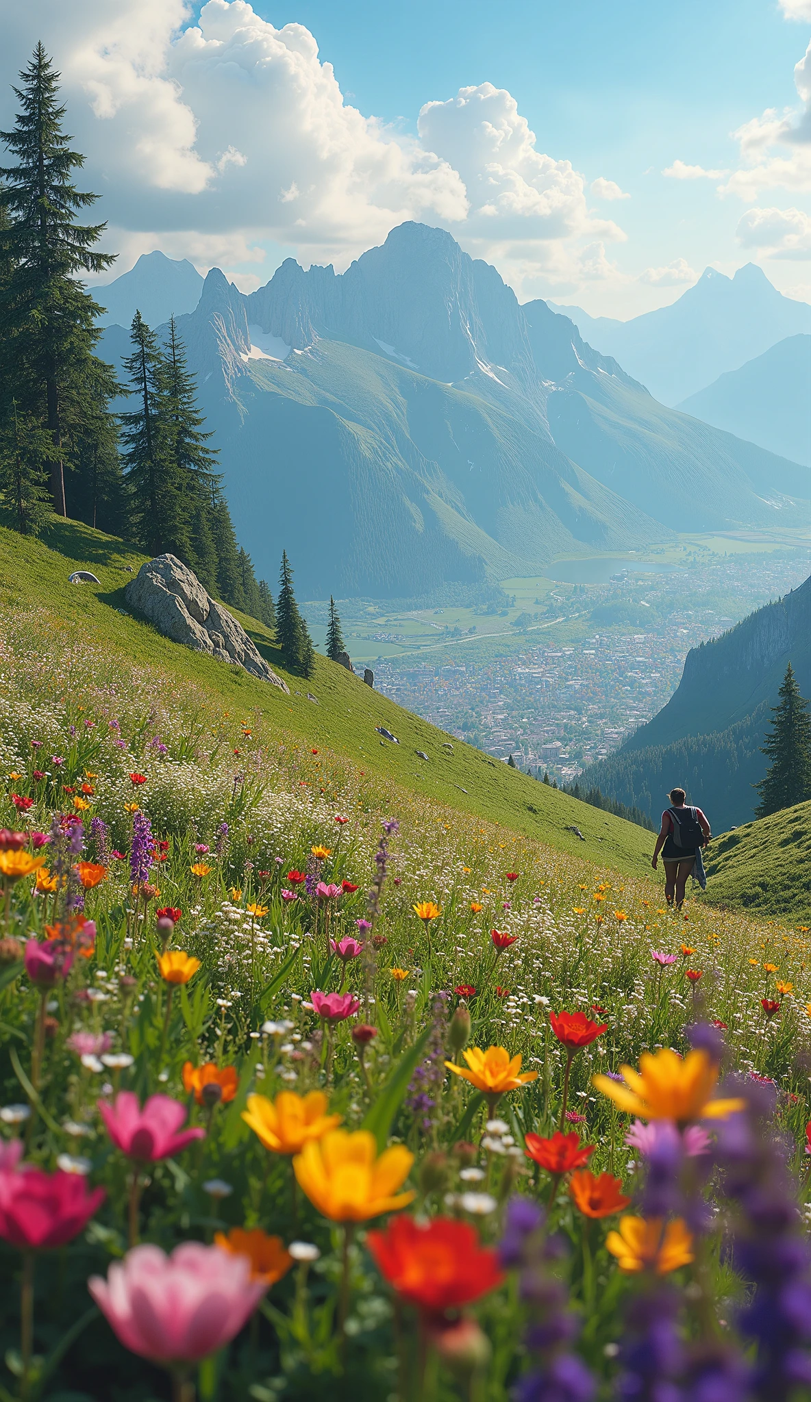 high resolution image standing on a cloth、 Flower fields in the Swiss Highlands 、 Artwork Award 、 A plateau with a fresh breeze 、 Magical creatures and mysterious colorful flowers hidden in the prairie 、 8k( High Quality Seven Colored Flowers ) A plateau full of fantasy、 A refreshing plateau landscape image。Beneath the plateau you can admire the cityscape。
