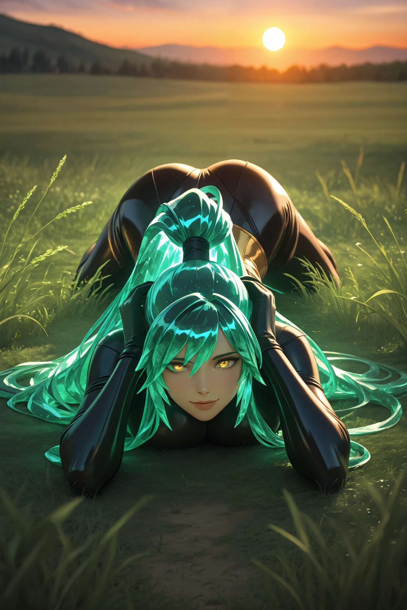 (best quality,4k,8k,highres,masterpiece:1.2), ultra-detailed,HDR, UHD, studio lighting, ultra-fine painting, sharp focus, physically-based rendering, extreme detail description, professional, vivid colors,prefect face,1girl,kakutomiku, multicolored hair, green hair, twintails, very long hair, gloves, necktie, yellow eyes, thighhighs, long sleeves, black jacket,sfw, jack-o' challenge, flexible, spread legs, top-down bottom-up,