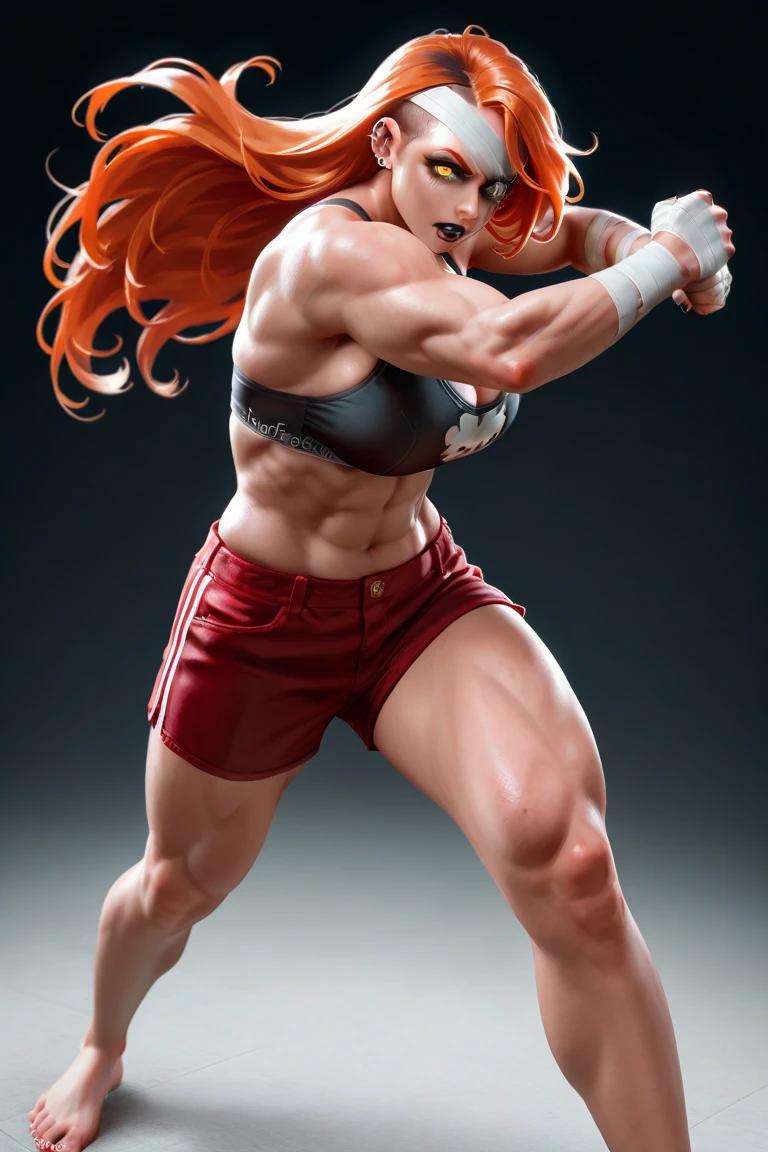 Erza beim Karate, Black belt karate gi, Barefoot, muscular physique, Erza macht Bodybuilding, sie ist eine 20 Jahre alte junge Frau Huge muscular biceps, Breite, muscular shoulders, Bauchmuskeln, Abs, Her big muscles rip through her karate gi, Full body image, Meisterwerk, Highest details