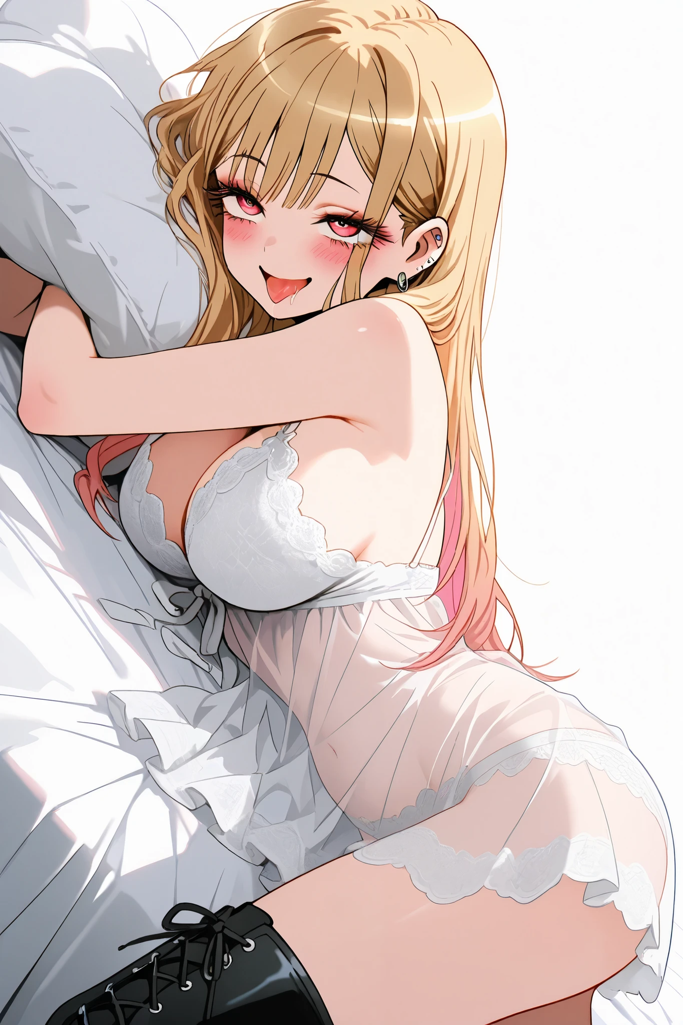 (Masterpiece: 1.4), (Best quality: 1.4), 8K, HD, ultra clear,1girl,(big breasts:1.4),blond hair,(Heart-shaped pupil:1.3),(Tongue out:1.2),scared:1.3,(cry:1.3),princess,Bare abdomen,White lace underwear,Skirt,(Looking up),night,bedroom,necklace,Messy clothes,long hair
