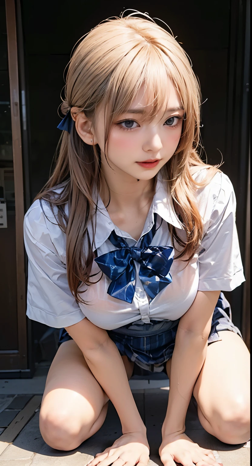 ((Highest quality, 8K, masterpiece:1.3, Realistic:1.3)), {{Sitting on the bed, From below}}, Balanced style、(((Remove the top half of your blouse、Wearing a tank top)))、(((Very good))、(A detailed depiction of her pointed nipples peeking through her blouse)、Very stylish Japanese school girl, Single women, very light brown hair, With bangs, (Japanese Uniform, White socks, Thick thighs,Cotton side string thong), Highly detailed face and skin texture, Beautiful Eyes, Lip details, Rocket Big Boobs、The hair is very well drawn, Sweating in the summer heat, abhor々Staring into the camera, Natural Makeup:1.0,Skirt Lift,High leg panties,EVA Uniform, One girl, alone, Tokyo 3 Middle ,
shirt, Short sleeve, Suspender skirt, Neck ribbon,