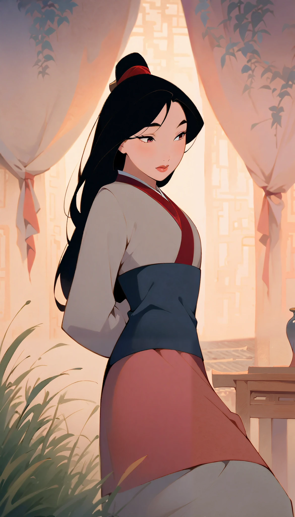 Hua Mulan,Show female bravery,shy,like a porcelain doll, fine features, delicate,Black and red color scheme,poster,iconic disney characters。shonen style, anime style, straight hair, big hair, ((long hair)) ,chinese young woman warrior, black hair, traditional japanese dress, wind blow, leaves flying, backlit, tall gray reed grass foreground blurry, bottom perspective, panoramic view, fantastic lighting, detailed,, blossom, ((looking down)), ((really shy))
your cheeks are red from so much shyness