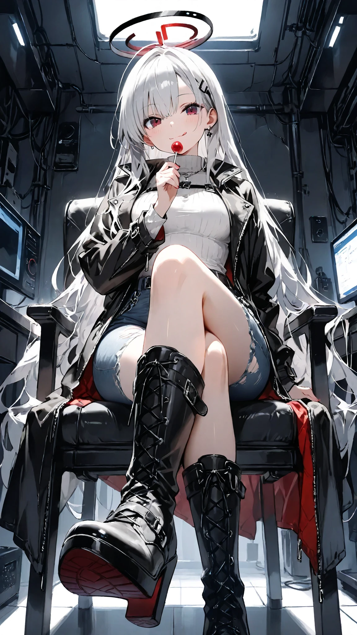 (ump45(girls' frontline):1.3),(crossed legs:1.32),glowing eyes,Vampire Queen,(devil wings:1.25),(crown:1.35),(chin rest:1.33),(scar:1.2),side ponytail,heart tail,saliva,fangs,hairpin,(Overbearing:1.32),(throne:1.31),(sitting on throne:1.3),(flat chest:1.3),floating hair,(black thighhighs),(pubic tattoo:1.5),panties,(glowing tattoo:1.3),(from down:1.5),armband,(see-through:1.3),(mechanical Monster:1.35),Floating light point,window,dignified,Fisheye lens,Floating Smoke,(masterpiece:1.3),((best quality)),(the best quality:1.2),(super fine illustrations:1.2),(Highest picture quality), (Master's work), (8K wallpaper),highres,no text,