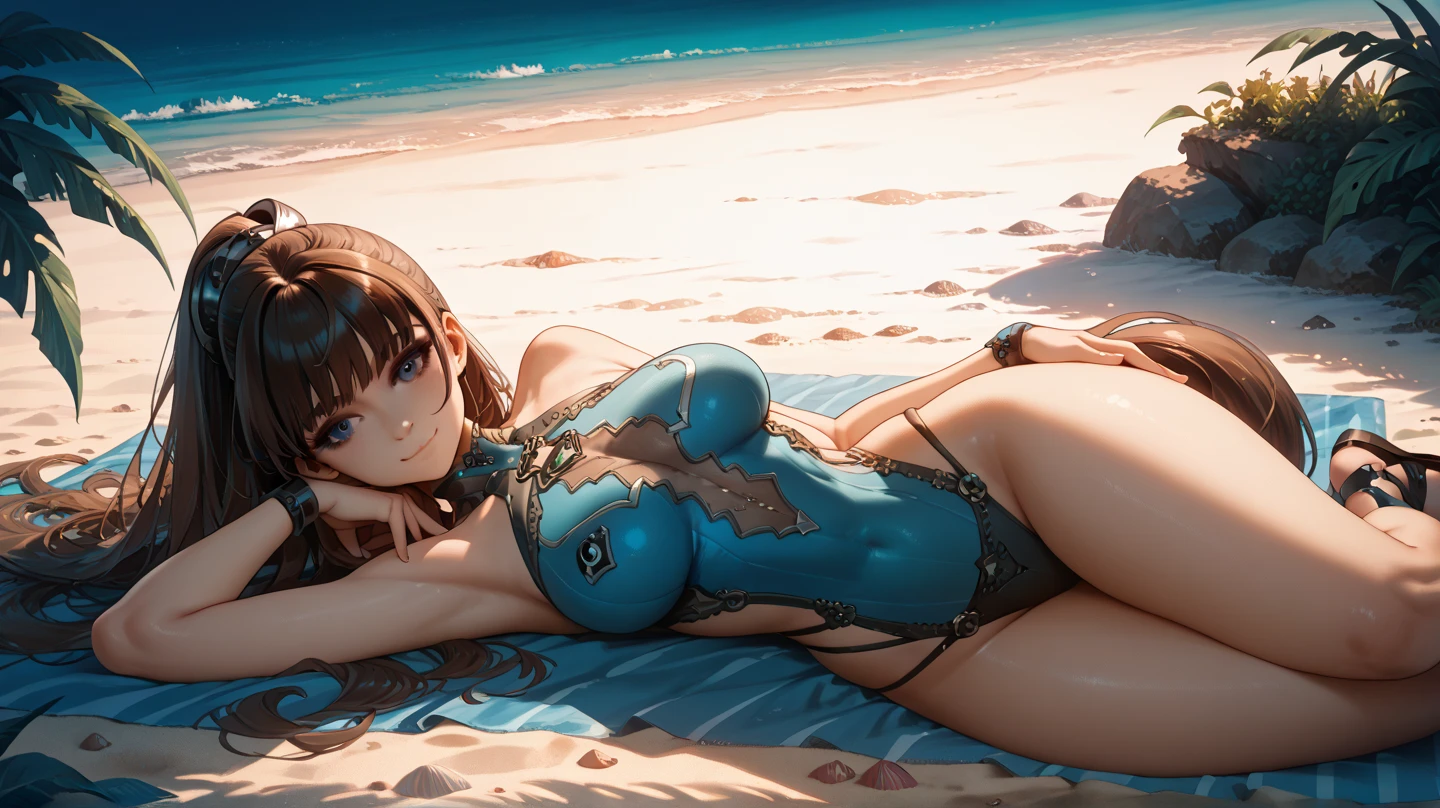 Giantess, long sexy legs, yellow hair, bikini, lying on the ground, city at her feet burns in flames for the destruction she has caused, tiny people climb on her body to try to defeat her uselessly. Giantess, goddess, macrophilia, curvaceous body, hentai, fetish, sexy legs, bikini, high heels, high quality, tiny people, people climbing body, giantess body, small people