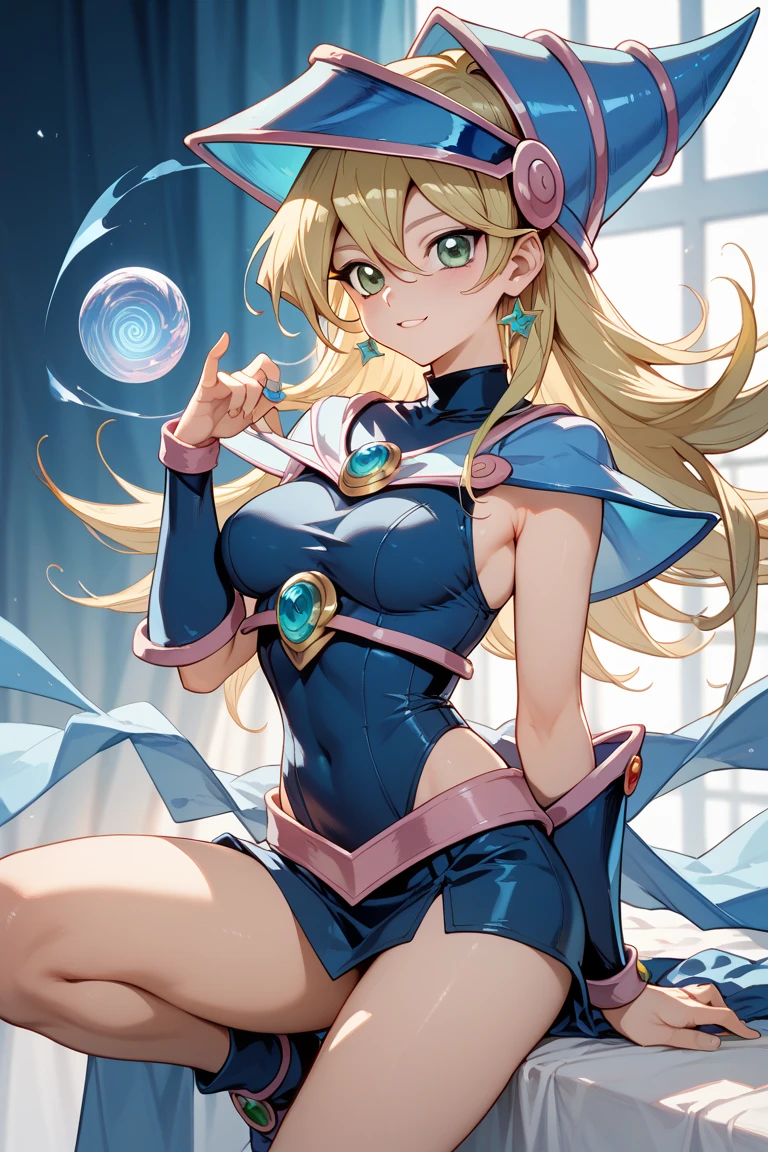 Black Magician Girl、super breasts、thick thighs、blonde hair、magic circle、8K, 4k, highest quality, High resolution: 1.2),winking、Nipples exposed、cute anime face、Pink blush on cheeks、noise removal、Leotard that bites into、have a cane、Hold your cane、Rear view、Turning around、full body portrait、T-back that digs into your butt、Glowing green eyes、Laughter