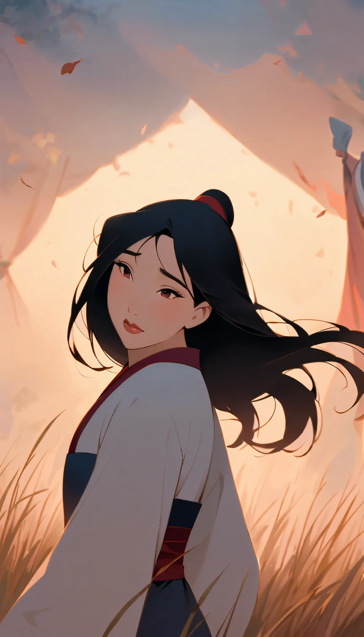Hua Mulan,Show female bravery,shy,like a porcelain doll, fine features, delicate,Black and red color scheme,poster,iconic disney characters。shonen style, anime style, straight hair, big hair, ((long hair)) ,chinese young woman warrior, black hair, traditional japanese dress, wind blow, leaves flying, backlit, tall gray reed grass foreground blurry, bottom perspective, panoramic view, fantastic lighting, detailed,, blossom, ((looking down)), ((really shy)) your cheeks are red from so much shyness