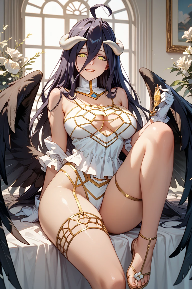 Albedo from Overlord、Succubus、White skin、Black Hair、Long Hair、Cow horns on the head、、suit、sitting、Leg spread、Sweaty、Low - Angle