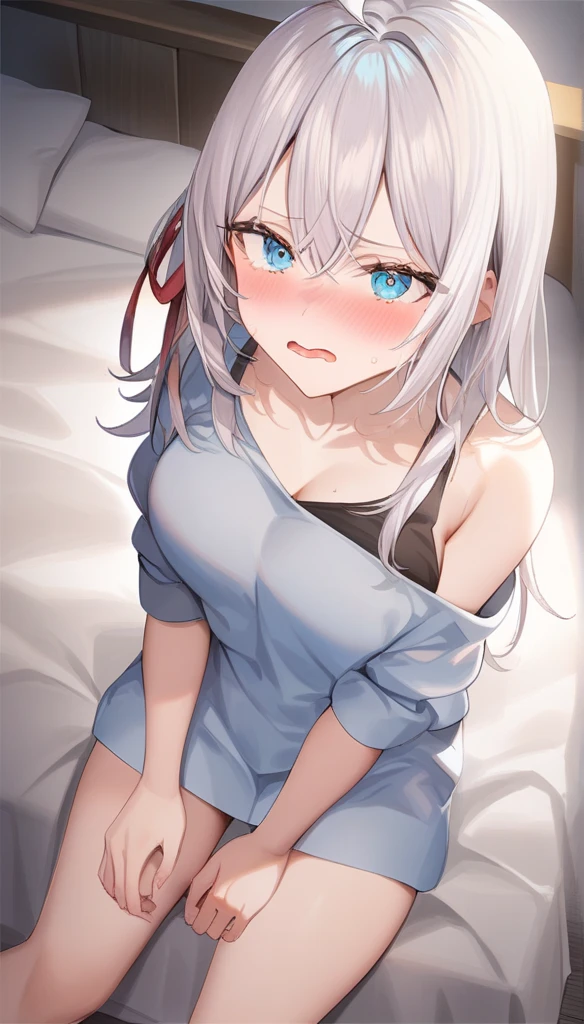 Yukino, one the bed, Silver hair and eyes in a black hoodie, anime visual of a cute girl, screenshot from the anime film, & her expression is solemn, ahegao face, in the anime film, in an anime, anime visual of a young woman, she has a cute expressive face, still from anime, perfect breast