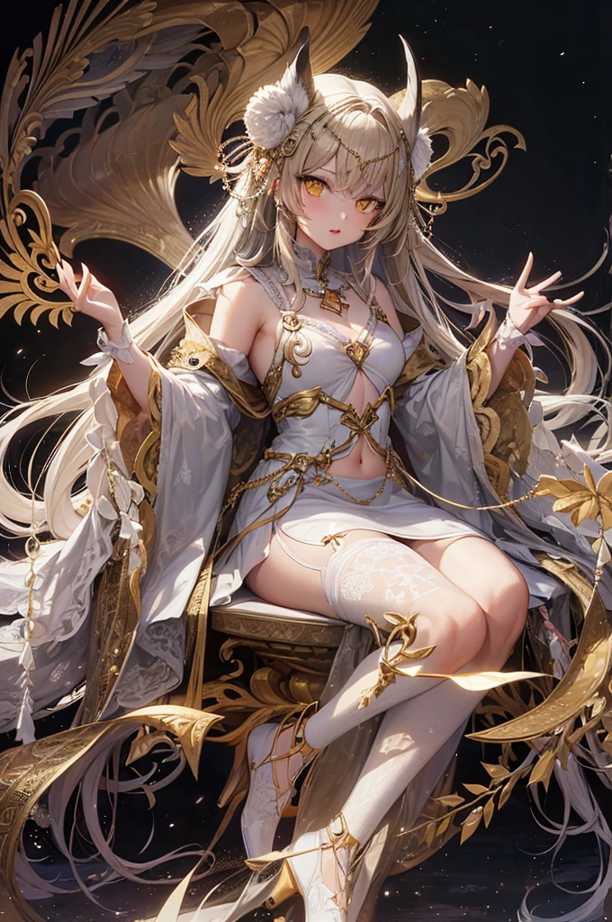 ((best quality)), ((masterpiece)), (detailed), 1girl, Character design, NSFW, scholarly female, scholar, female scholar, educator, teacher, fortune teller, holding a large bell, carrying a large bell, ringing a large bell, bell,astrology, astrological symbolism, star reading, celestrial theme, heavens, heavens above, constellations, imposing, terrifying, biblical, blood magic, blood mage, dynamic poses, long white grey hair, grey white eyes, very skinny, detailed, best quality, prominent collarbones, skinny arms, flat stomach, visible hip bones, small breasts, full body, blank white background, plain background, white background, red and white clothing, Bloodborne inspired, occult aesthetic, occult, detailed and intricate steampunk and detailed gothic, NSFW, Fluttering lace flared long knee length dress with frilly petticoats, knee length dress, pleated petticoats, petticoats gothic, complex lace boots, gothic aesthetic, wielding a mighty sword with mechanical components, mandalas, small breasts, a fairy, various different types of insect wings, bug wings, beetle wings, NSFW, full body, whole body, body, chains,