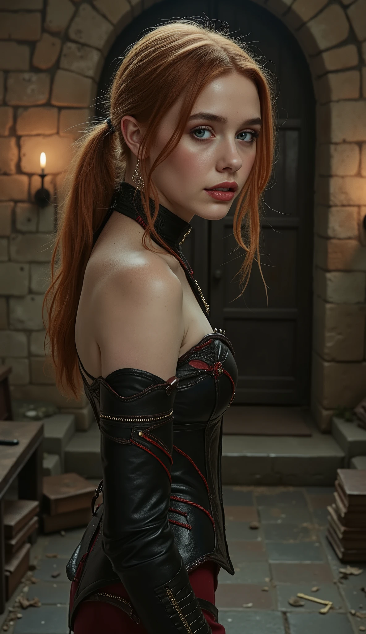 🌟 quality & silent:
 award-winning photo , 8k, masterpiece, hyperrealistic, ultra high resolution, very detailed, soft lighting, SLR lighting, SLR camera , Fujifilm XT3, film grain, Sharp concentration, perfect lighting, dark fantasy art.

🌌 Scene & background:
A medieval verse Lie with gloomy lighting, weak candlelight and broken stone walls. scattered old books, broken scientific instruments and torture tools are lying around. The atmosphere is dramatic and gothic.

😈 model & Styling:
A young redhead with long ponytail hair, blasser, porcelain-white skin, almond-shaped blue eyes and red lips. She is thin with small breasts and wears a leather corset with crimson and gold details, leather pants and long boots with thin heels.

🔥 Pose & Mood:
She stands or walks through the dungeon, her body shows her wide hips, Her perfect, tight butt and full thighs. Her facial expression is a sensual look with a perverse smile, as she moves through the room. Die Mood ist dramatisch, emotionally charged and full of tension.

💋 Brief summary 💋
"A young redhead with long ponytail hair und blasser Haut steht oder geht in einem mittelalterlichen Verlies. She is wearing a leather corset with crimson and gold details, leather pants and long boots with thin heels. Die Scene ist hyperrealistic, hochdetailliert und in 8k-quality, with a dramatic, horror-like atmosphere."