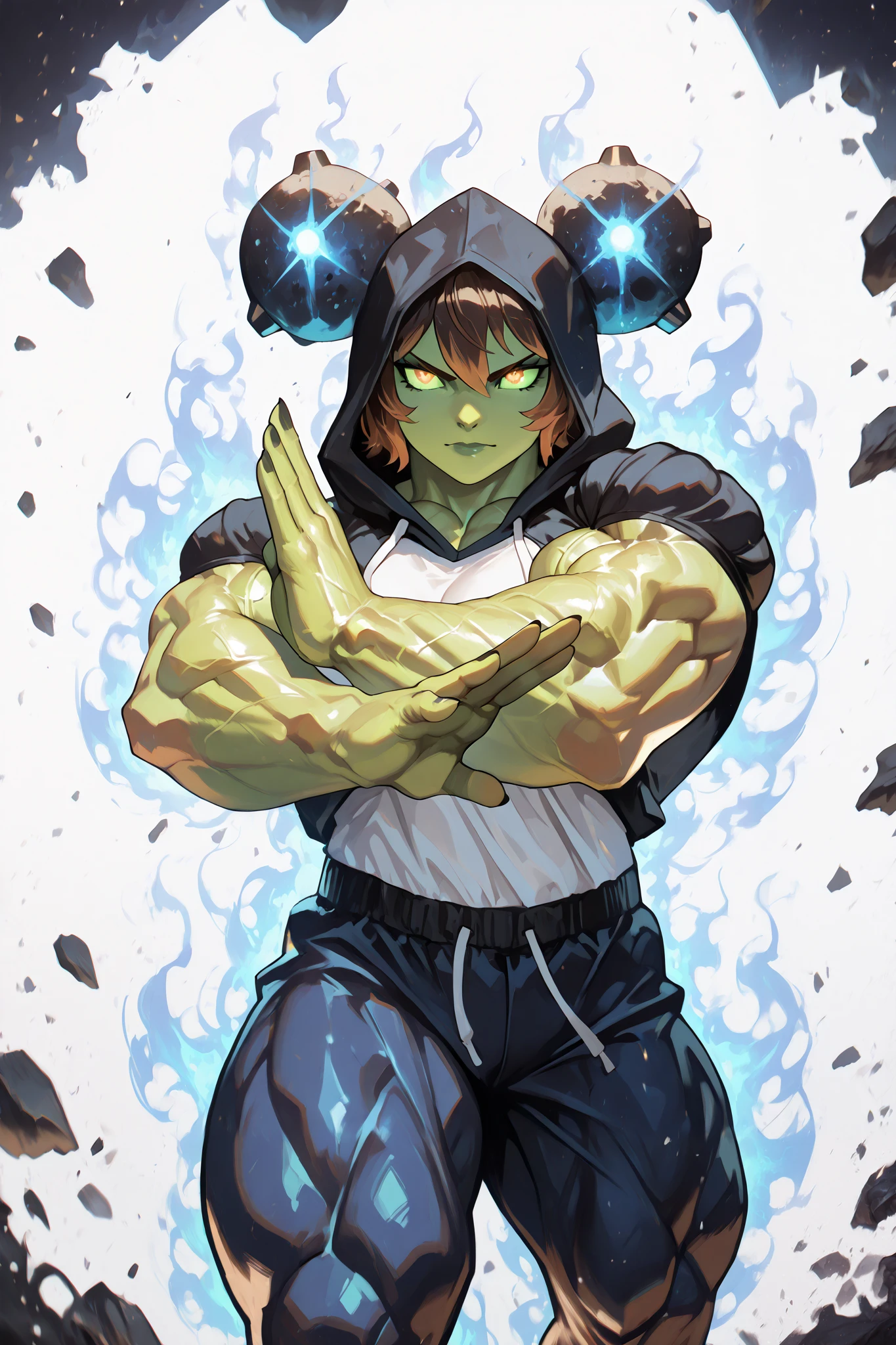 solo, silhouette, earth Powers, ((Female)), muscular Goblin character, wearing a black hoodie with blue line details, white t-shirt, wallpaper quality, on a loading screen, fighting stance, solo, aura, thigh up, body/hands covered in rocks/metal, (Human Body, earth/rock Appearance, black space buns hair), sinister stare, neon lighting, brown eyes, green sclera, glowing eyes, glowing brown highlights, rocks/earth shards, Glowing border, leafs in background, Glowing Symbol, (Athletic muscles:1.5), black hoodie, Tight blue pants, dress pants, masterpiece, ((Simple White background)), correct anatomy, correct hands, best quality,