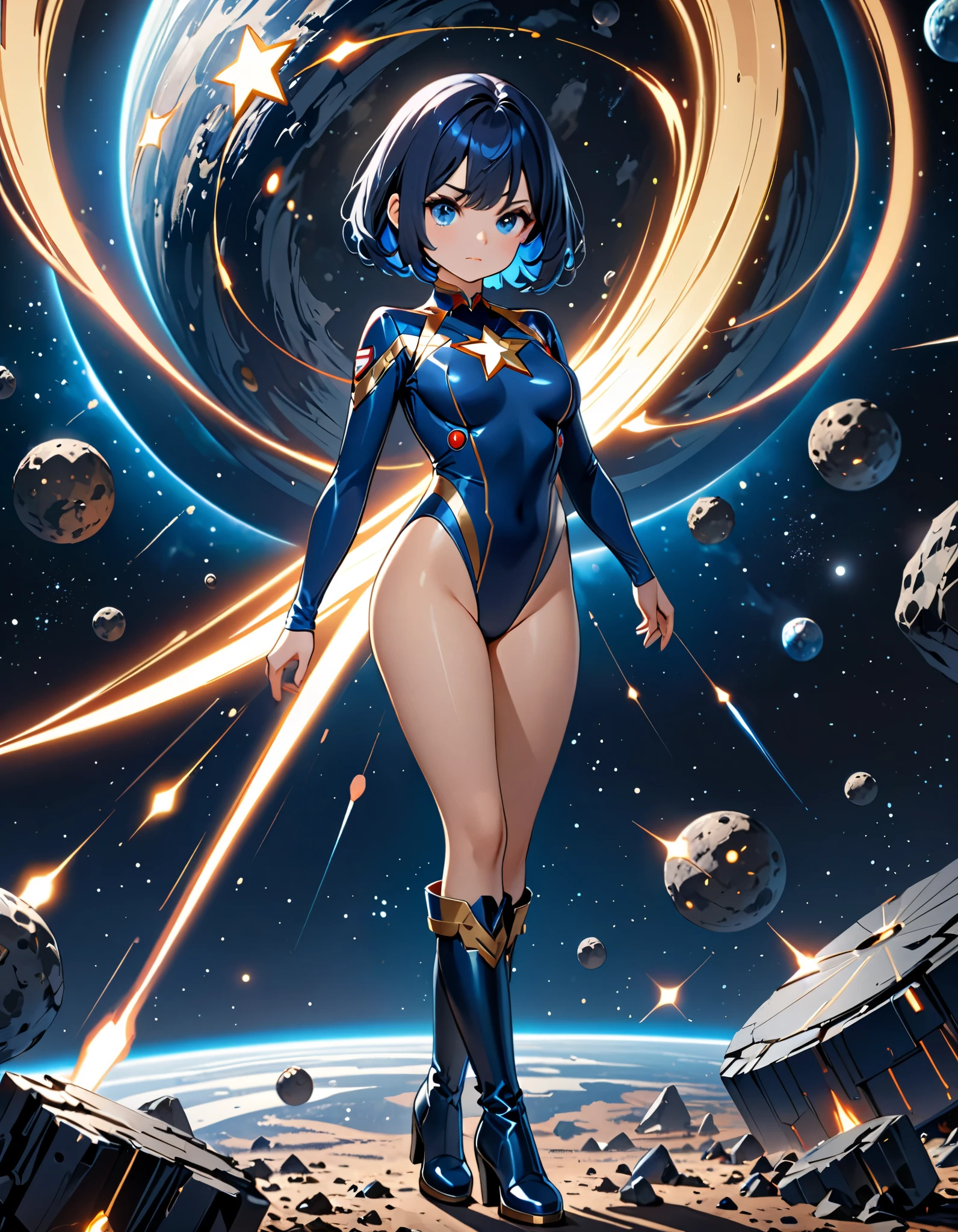 masterpiece, best quality, 1girl, superhero, leotard, dark blue leotard, long sleeves, bare legs, boots, dark blue boots, matching boots, medium breasts, diffraction spikes, light particles, aura, blue aura, standing, standing straight, space backdrop, (blue hair, bob hair), blue eyes, beautiful detailed eyes, beautiful detailed face, cute face, heroic, ((star symbol on the chest)), serious, (full body with costume, full body, cowboy shot)