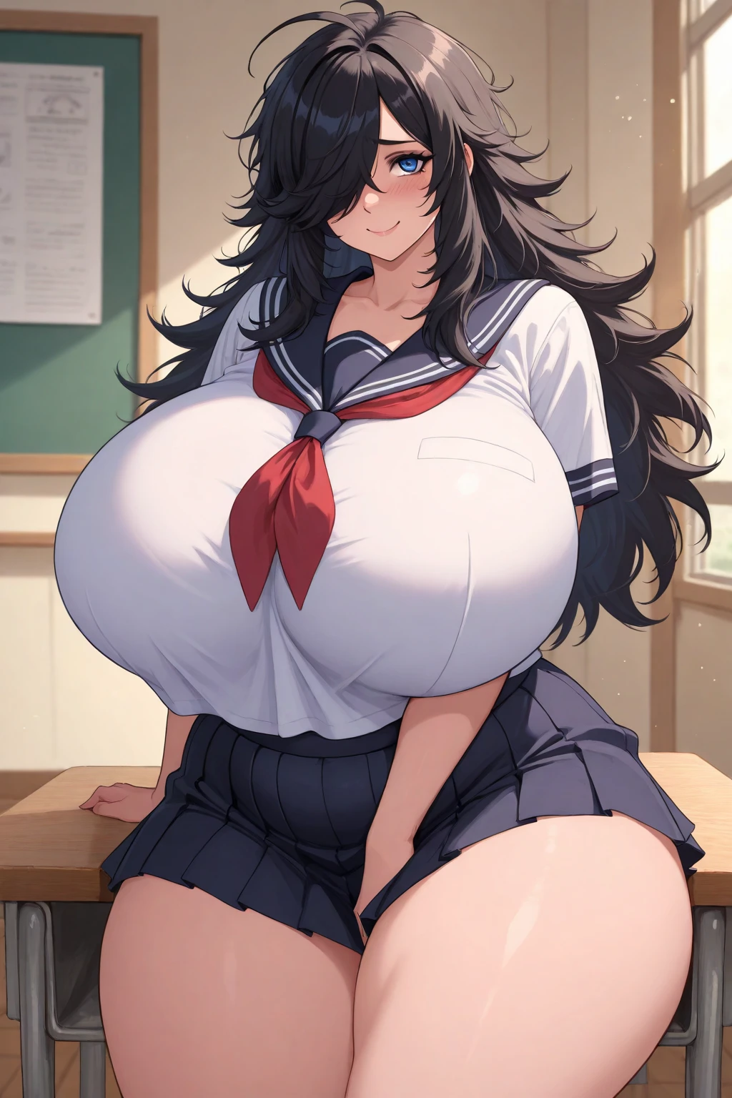 gigantic breasts, NSFW, wide hips, huge nipple, bristly pubic hair, plump, in heat, Expressing breast milk from the nipple,  glasses, two block hair, school uniform 