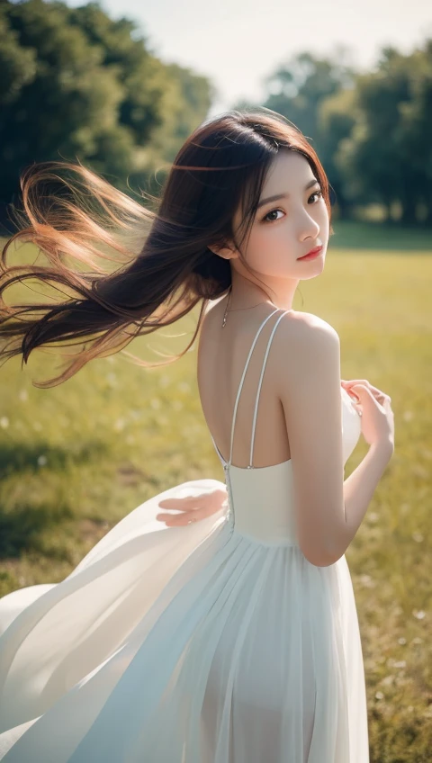 A beautiful Japanese girl is depicted in a vertical, ultra-realistic illustration. She has short, light-colored hair that frames her delicate face, with her eyes closed in a serene expression. She wears a thin, translucent dress with a subtle floral pattern, the fabric gently clinging to her form. The soft lighting highlights her smooth skin and the delicate textures of the dress, creating a dreamy, ethereal atmosphere.

The background is minimalistic and light, emphasizing the girl's calm and peaceful demeanor. The artist employs digital painting techniques to achieve high detail and realism, particularly in the rendering of her hair, skin, and the semi-transparent fabric of the dress. The use of soft gradients and subtle shadows enhances the sense of depth and realism, making the image both captivating and serene.