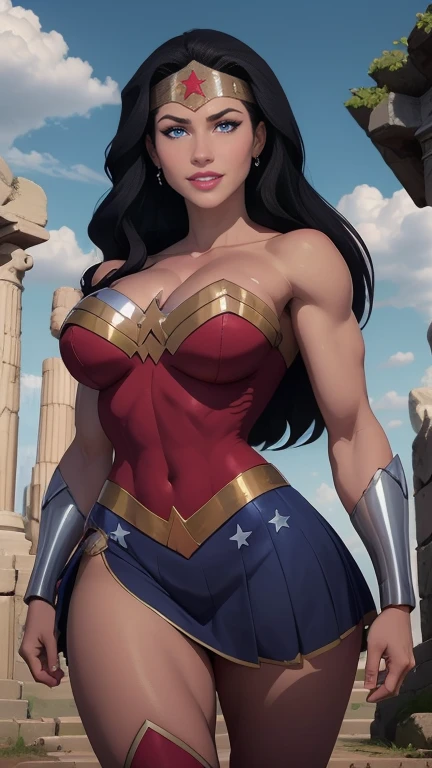 wonder woman costume, huge breasts, big sized breast, cleavage, MILF, thigh legs, Long black hair, hair over shoulder,  brown eyes, perfect curvy shaped body, wonder woman costume, ultra realistic squinting sexy eyes ,  massive sized breast, standing, thigh legs, red scarf, brown colour eyes, ultra realistic detailed shiny brown eyes, beautiful and perfect face, sunlight and garden background, black hair, bright brown colour eyes, wonder woman costume,