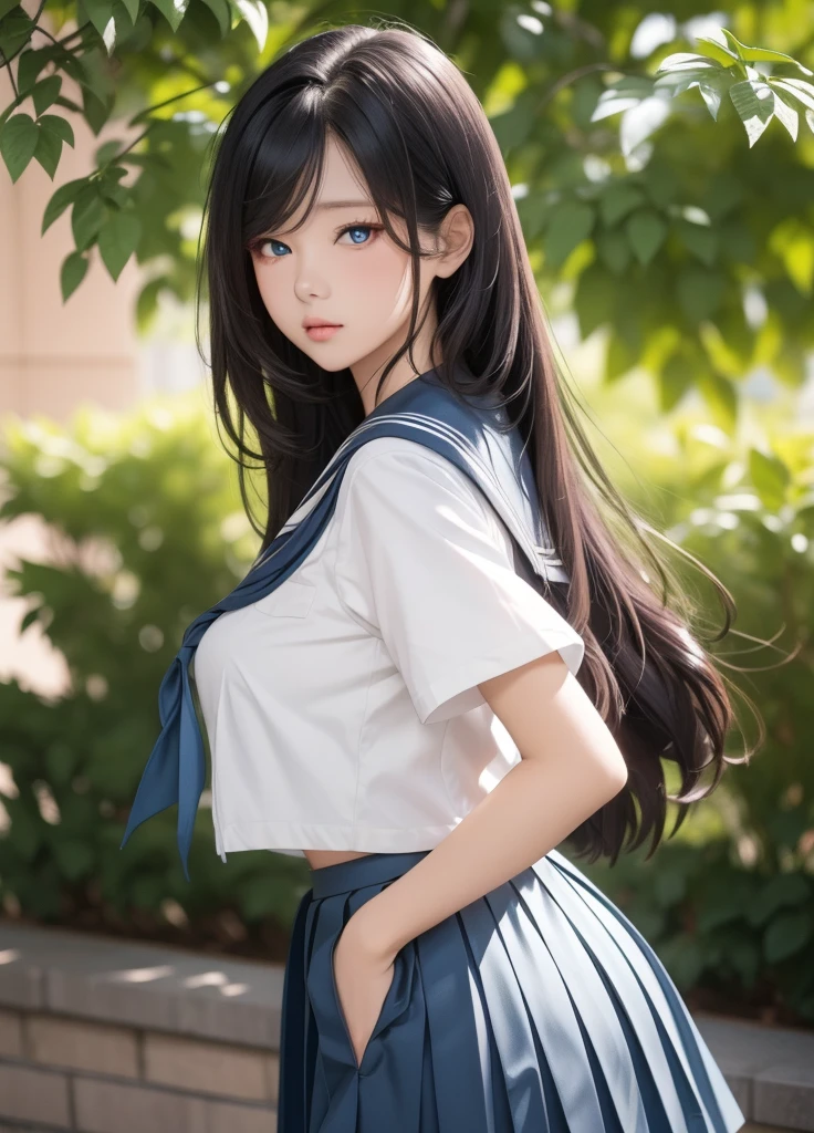 detailed face, cute face, masterpiece, Highest quality, High resolution, Very detailed, Detailed Background,, Detailed face,(Fraurem Chrome, (Black Hair, Semi-long hair, Blue ribbon in ponytail),(White blouse, Blue short ribbon tie, Blue long skirt), small, Neat, Iris,study, A kind smile), Scale out, Chic study, vase