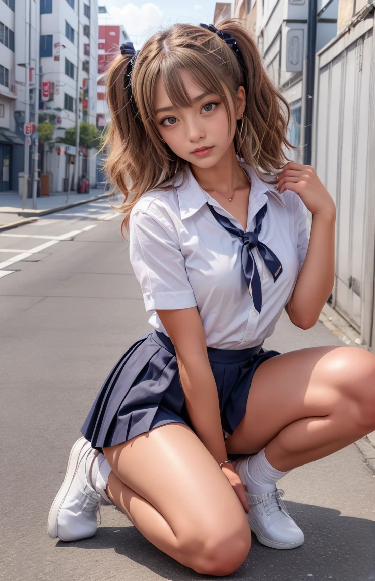 ((Picture of one person)), (((18 years old)), Sidewalk, RAW photo, 8K, highest quality, super high resolution, beautiful face in detail, realistic human skin, gentle expression, front view, image from below, squatting, slightly spreading legs, cowgirl, long hair, realistic, photorealistic, cute, short skirt, cute schoolgirl, Japan schoolgirl wearing uniform, naughty schoolgirl, full body, --auto --s2